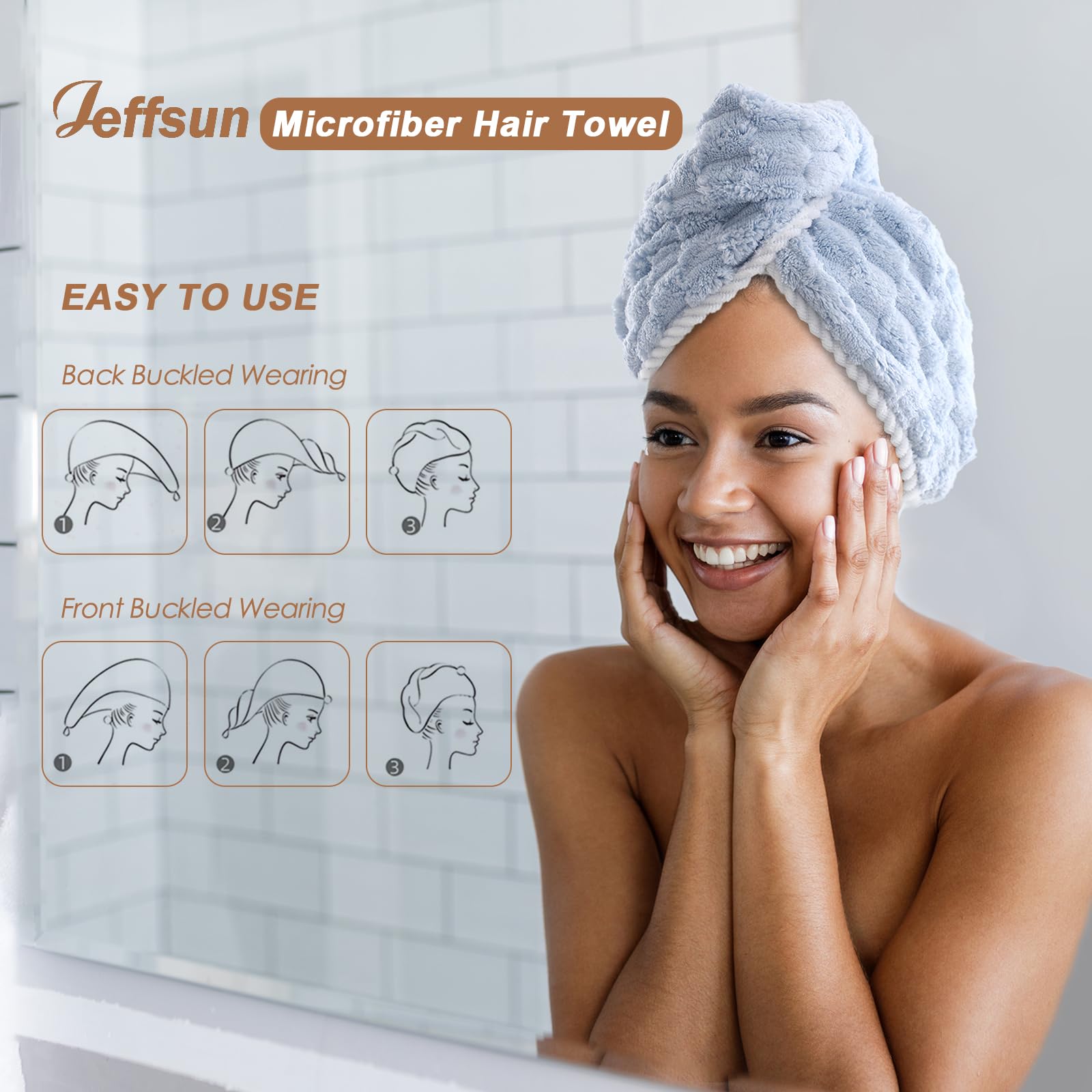 Jeffsun Microfiber Hair Drying Towel Wrap, 2-Layer Extra Thick Super Absorbent Hooded Hair Towel For Women Long Curly Frizzy Wet