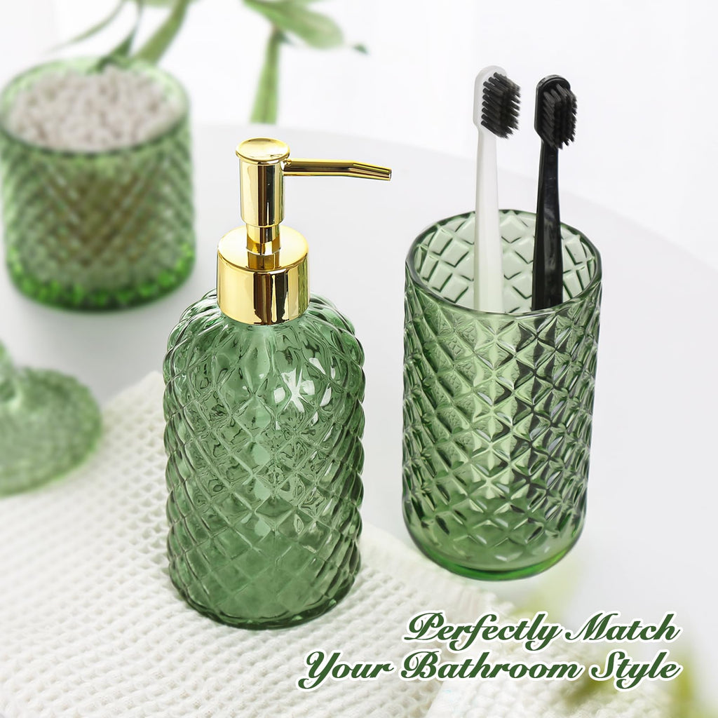 Rytoxilo Green Bathroom Accessories Set, 4 Pack Olive Green Bathroom Decor Accessory Sets Complete, Diamond Glass Soap Dispenser
