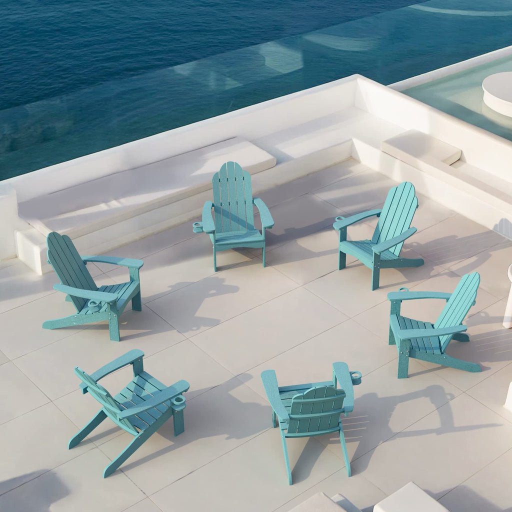 Lue Bona Poly Adirondack Chairs Set Of 6, Blue Turquoise Adirondack Chairs With Cup Holder, 350Lbs Modern Adirondack Chair Weather Resistant, Plastic Patio Adirondack Chair For Fire Pit, Backyard
