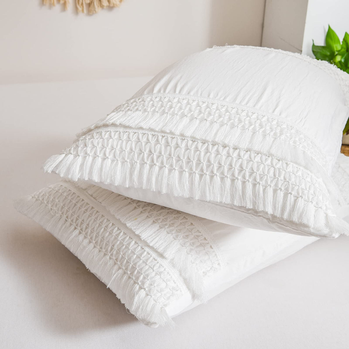 White Tassel Pillowcases, Boho Pillow Case Cover, Standard Queen Size Pillowcases, 100% Washed Microfiber, White Pillowcases Set