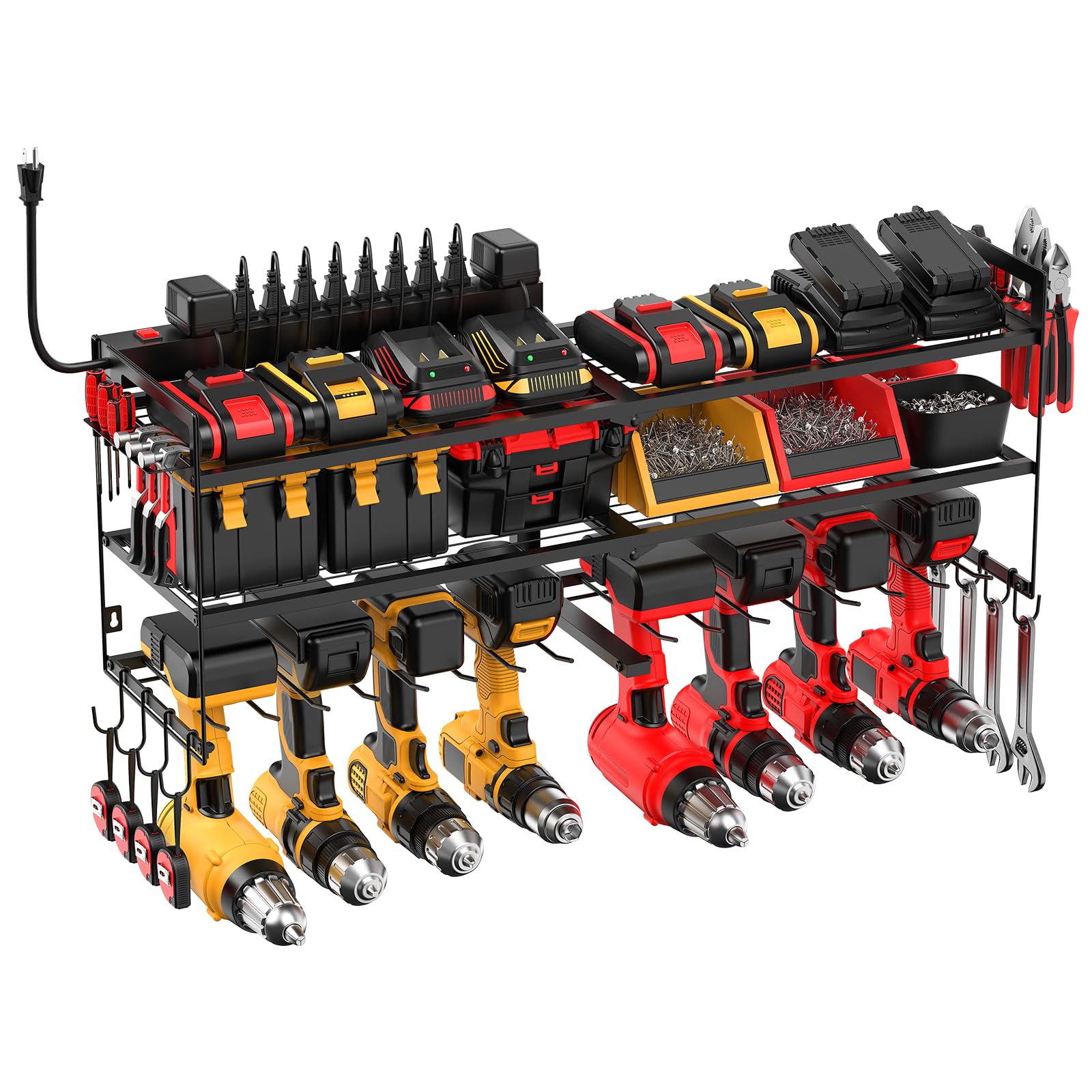 Junnuj Large Power Tool Organizer With 10 Outlet Power Strip, 3 Layer Wall Mount Drill Holder With Charging Station, 8 Drills Storage Shelf Shop Garage Utility Rack, Black