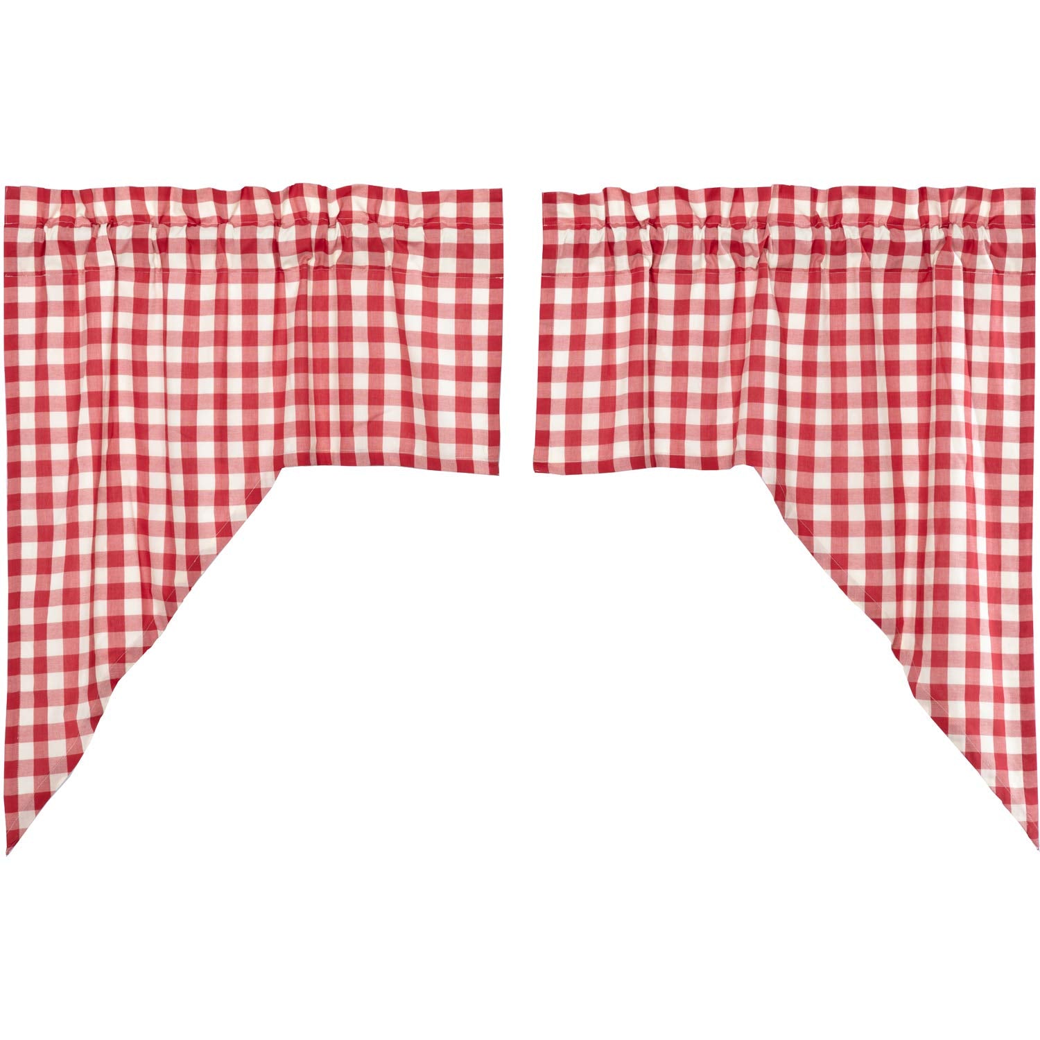 VHC Brands Farmhouse Red Country Buffalo Check Cotton Annie Kitchen Curtains Rod Pocket Hanging Loops Swag Pair