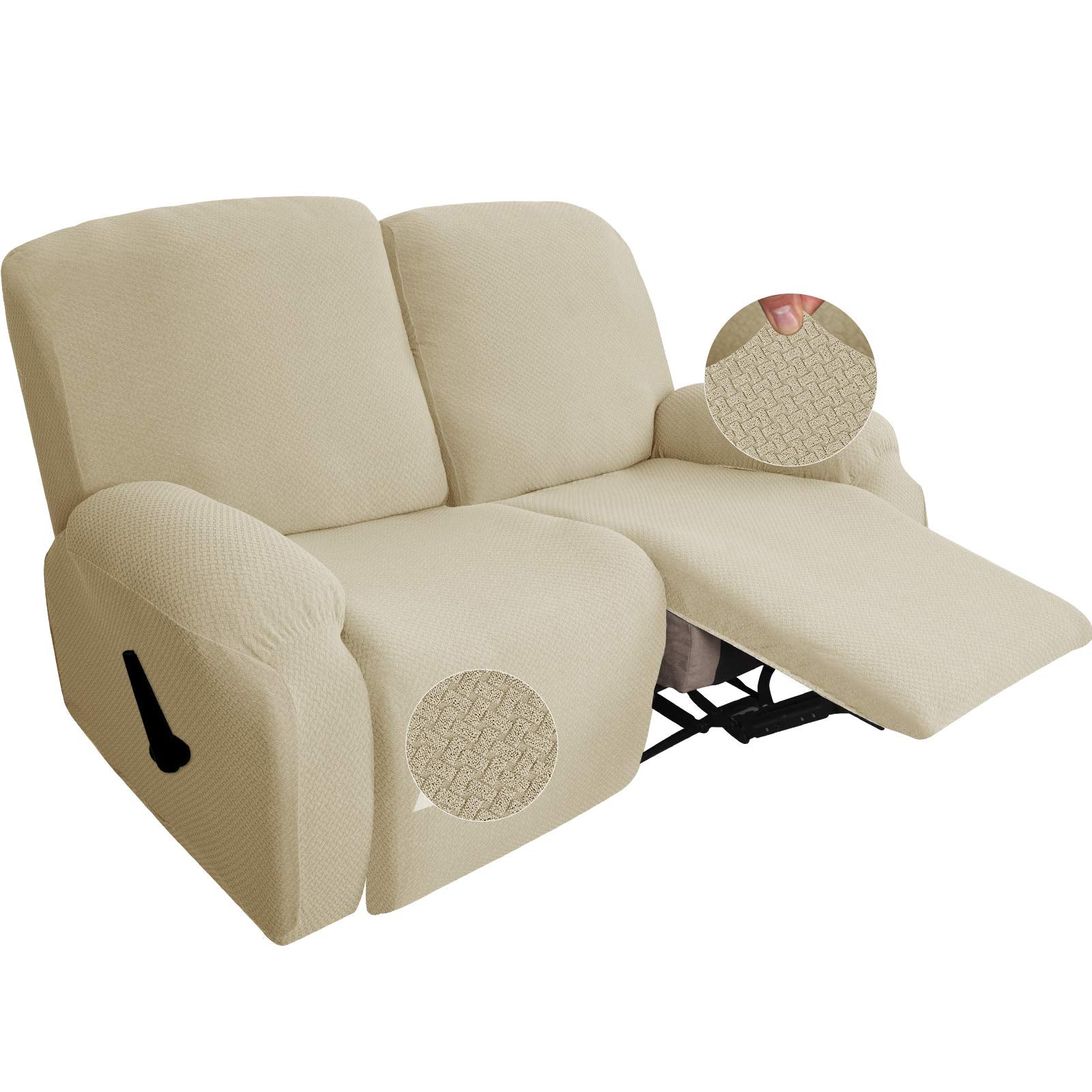 Jiviner Newest Design 6-Piece Recliner Chair Covers Stretch Jacquard Chair Covers For Recliner Recliner Slipcovers For Living Room Soft Recliner Protector With Pocket (Loveseat Recliner, Light Beige)