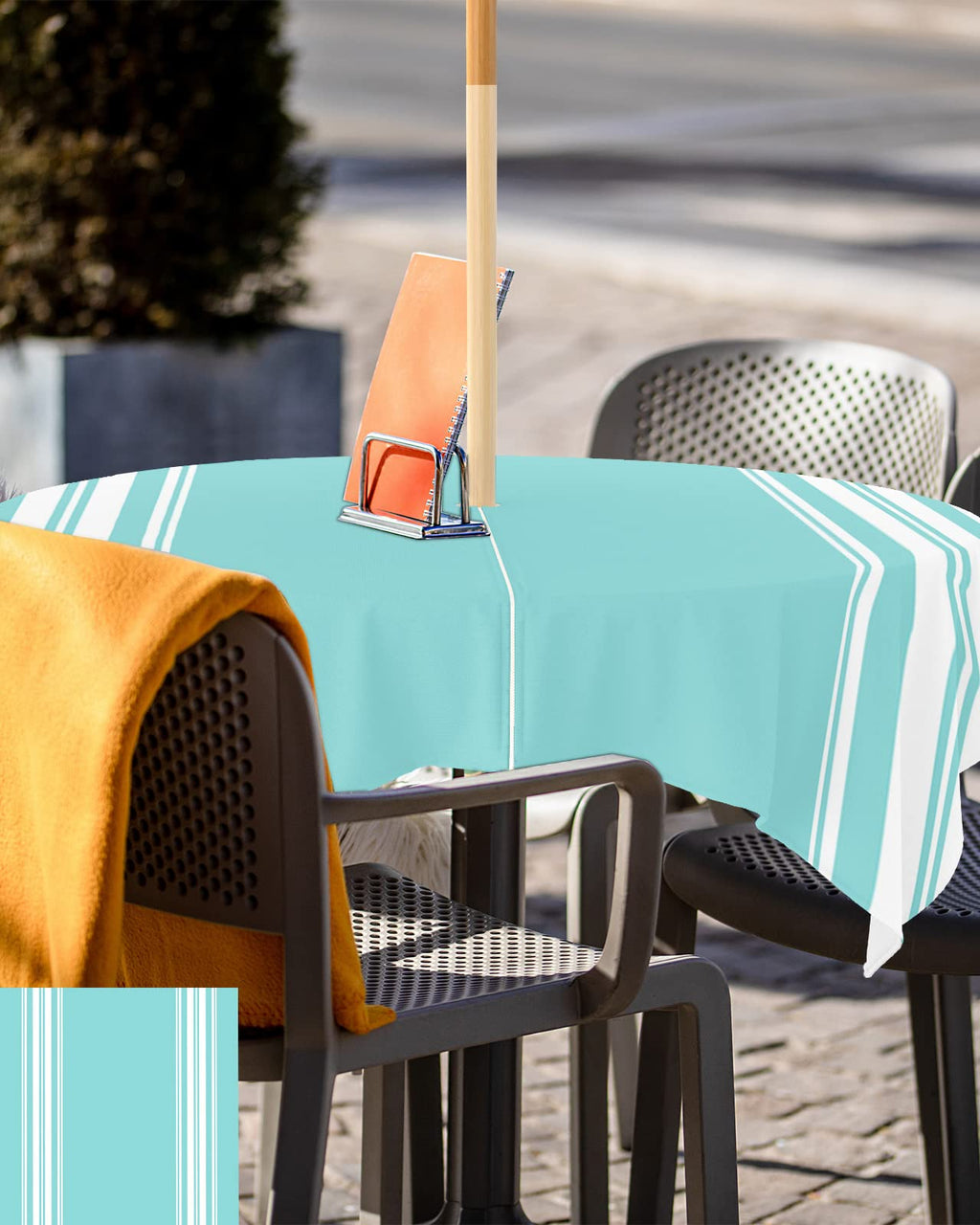 Queenker Outdoor Tablecloth With Umbrella Hole, Farmhouse Teal White Stripe Square Tables Waterproof Tabletop Collection For Pat