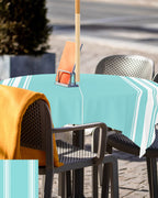 Queenker Outdoor Tablecloth With Umbrella Hole, Farmhouse Teal White Stripe Square Tables Waterproof Tabletop Collection For Pat