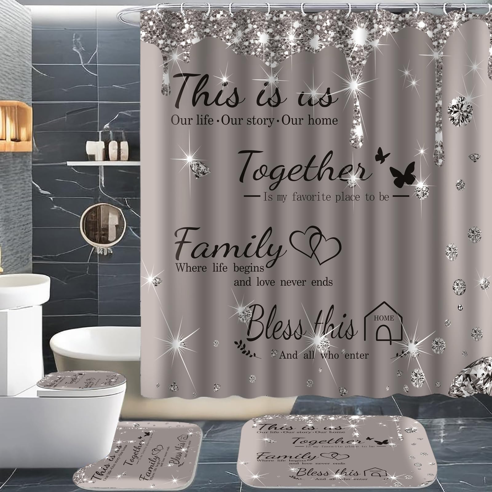 Juwute 4Pcs Family Shower Curtain Sets With Non-Slip Rugs, Toilet Lid Cover And Bath Mat,Grey Glitter Diamond Home Bathroom Deco