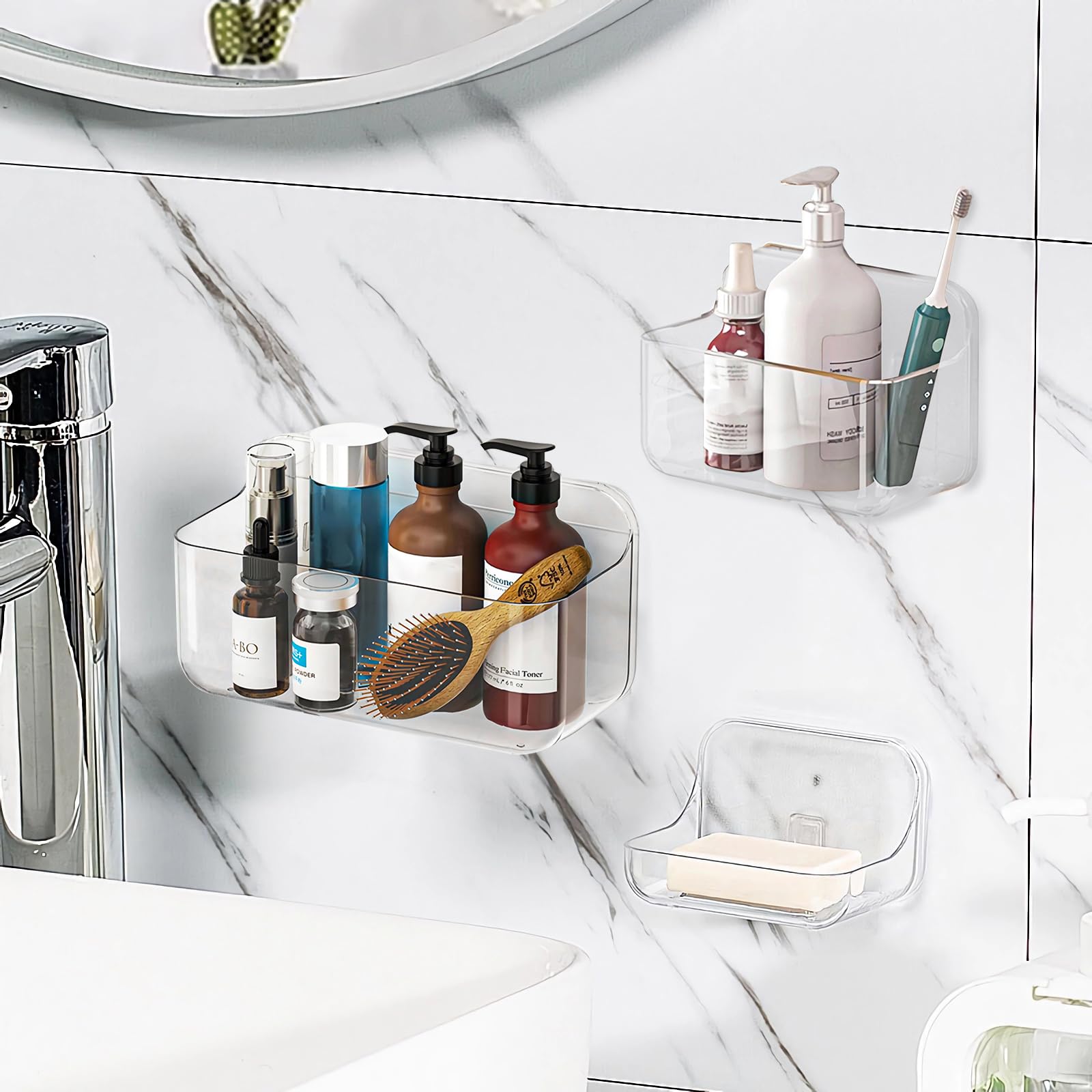 Diesisa 3pc Acrylic Wall Mount Organizer, Adhesive Clear Shower Caddies,Acrylic Soap Basket for wall,No Drilling Hang Walls,with