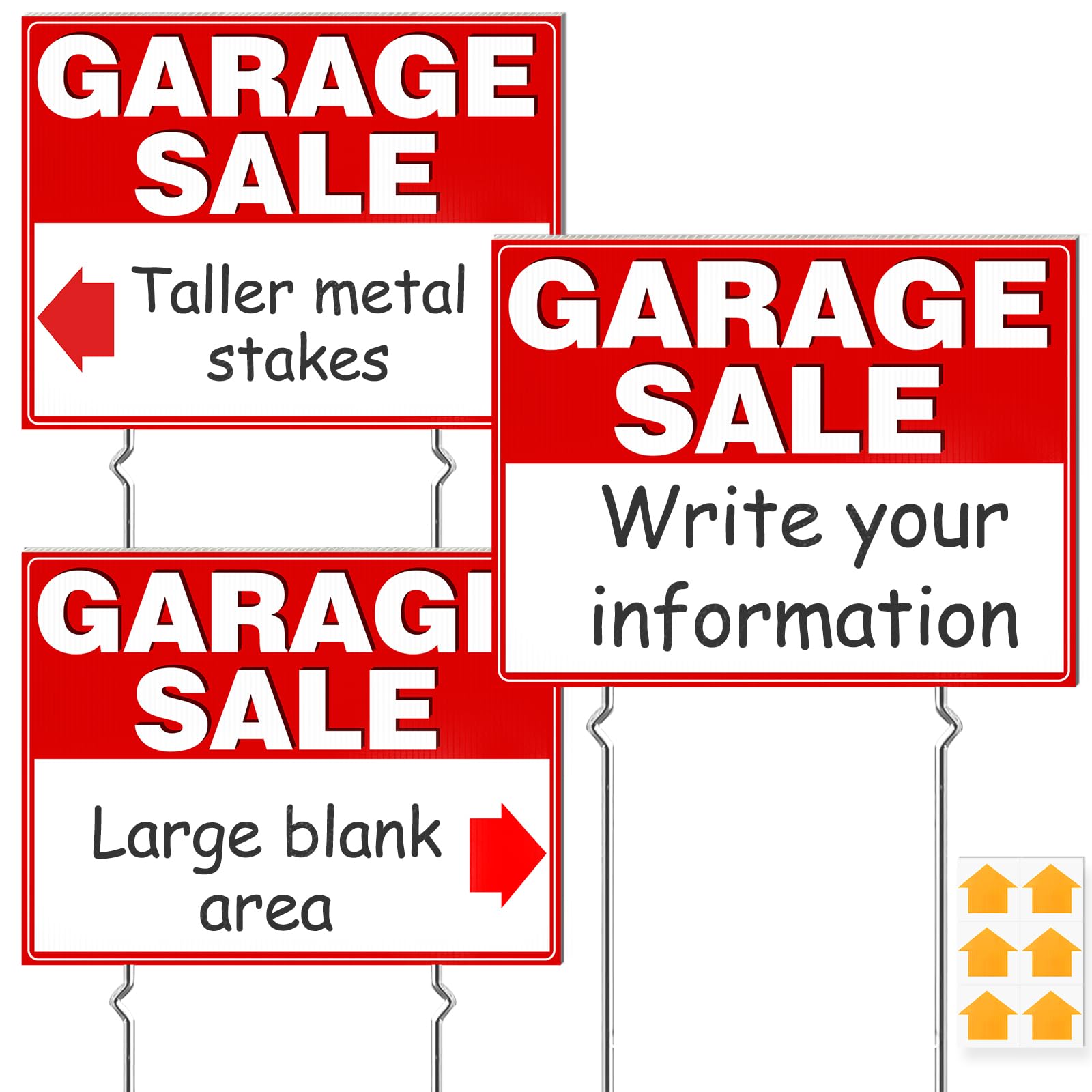 Remiawy Garage Sale Signs, 3 Pcs Garage Sale Signs With Metal Stakes Double Sided Large 17X13 Inch Corrugated Plastic Yard Sale