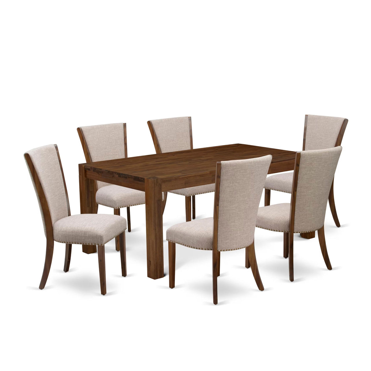 East West Furniture Lmve7-N8-04 7 Piece Modern Dining Table Set Consist Of A Rectangle Rustic Wood Wooden Table And 6 Light Tan Linen Fabric Upholstered Chairs, 40X72 Inch, Walnut