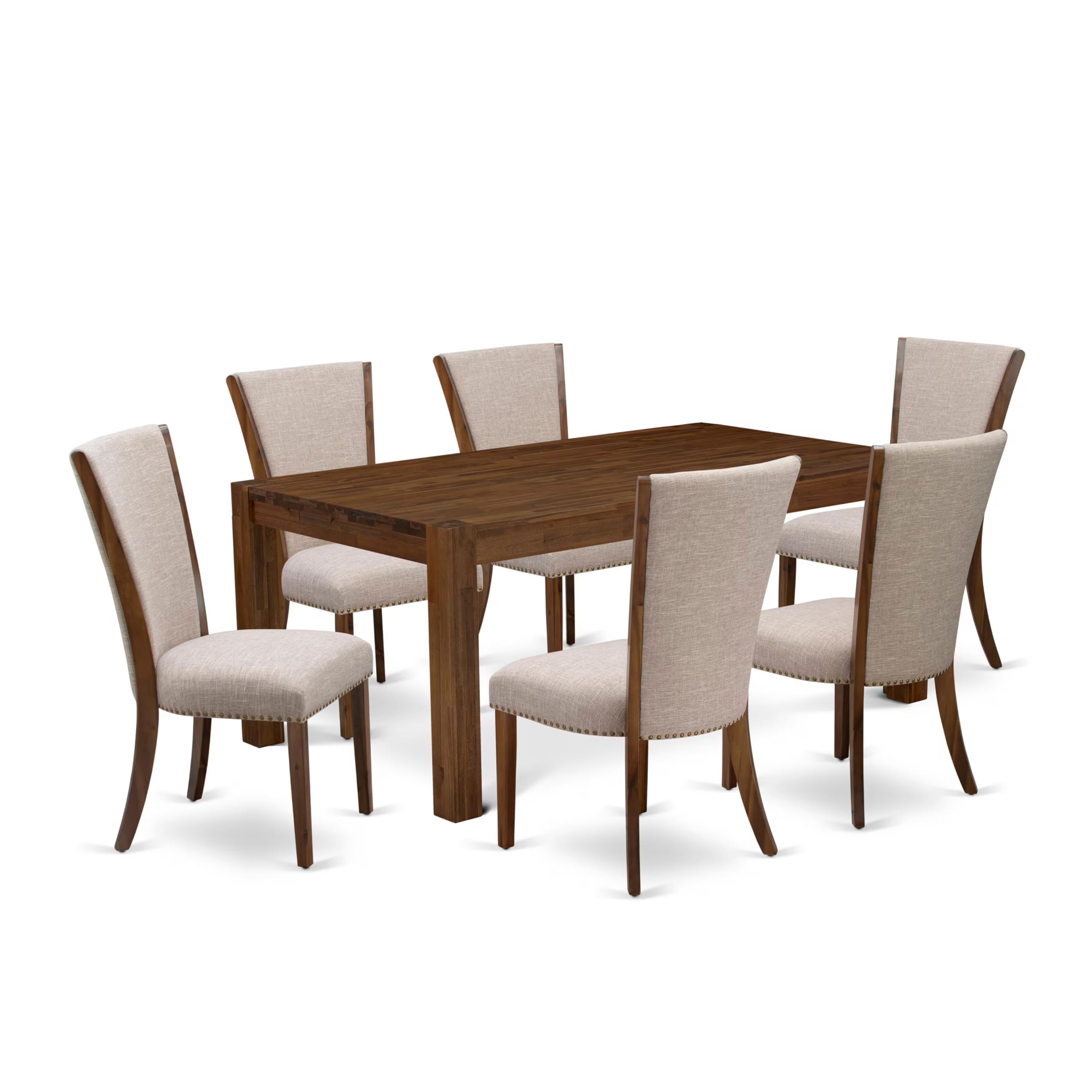 East West Furniture Lmve7-N8-04 7 Piece Modern Dining Table Set Consist Of A Rectangle Rustic Wood Wooden Table And 6 Light Tan Linen Fabric Upholstered Chairs, 40X72 Inch, Walnut
