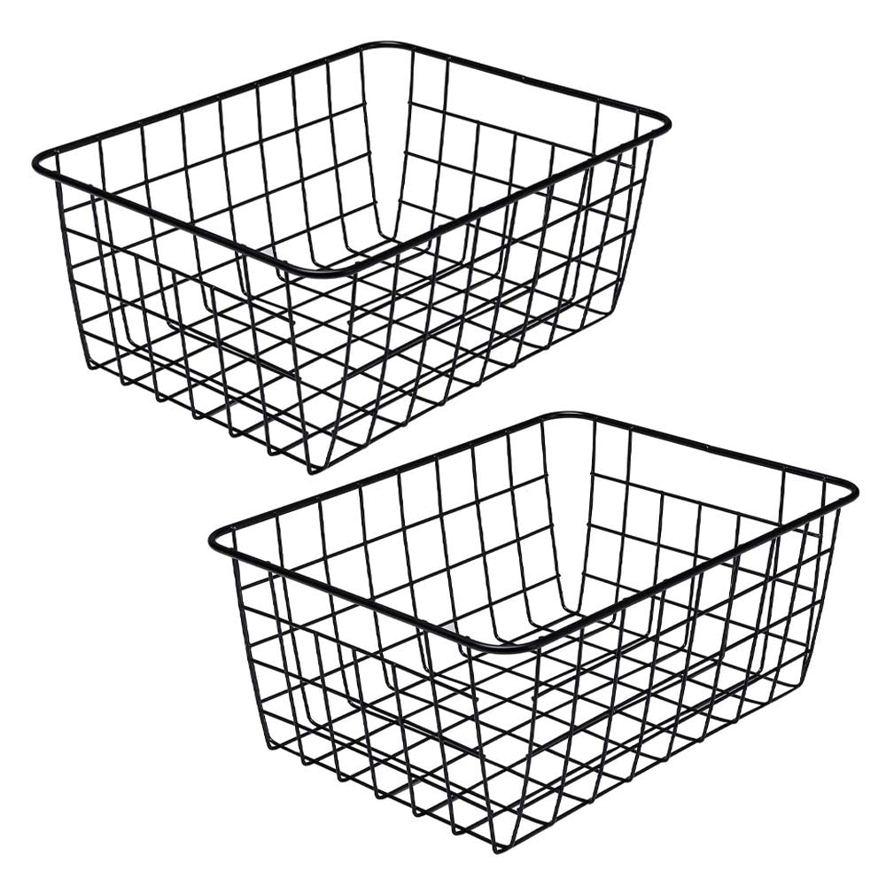 LeleCAT Black Wire Storage Baskets, Metal Household Storage Organizer for Kitchen,Pantry, Shelf, Freezer, Bathroom,Black 2 Pack