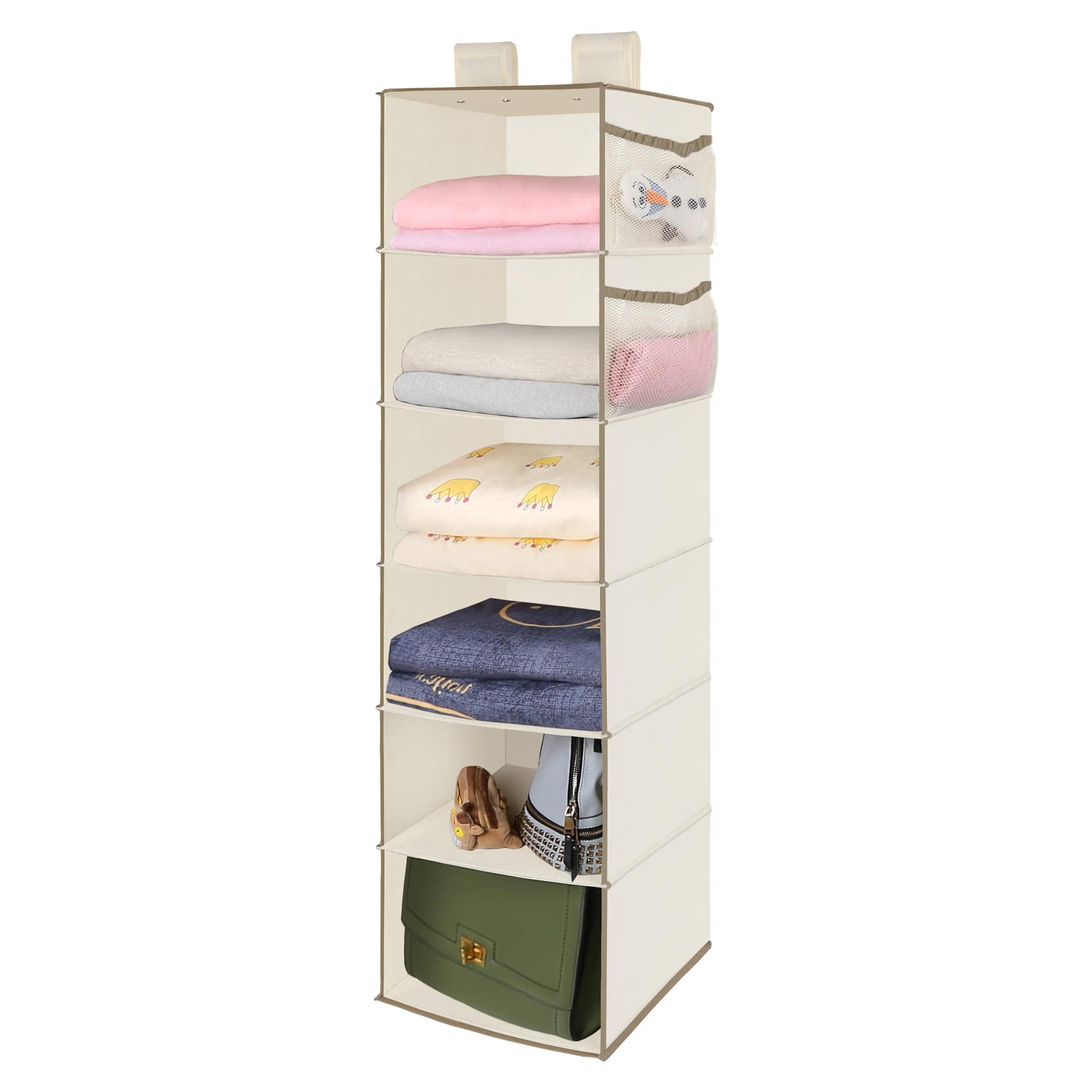 MAX Houser 6 Tier Shelf Hanging Closet Organizer, Closet Hanging Shelf with 2 Widen Straps for Storage, Foldable (Beige2)