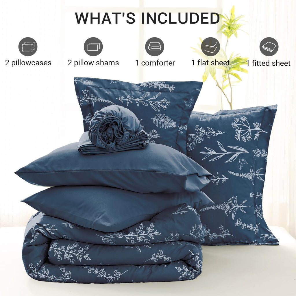 Muxhomo Navy Blue Bed In A Bag Queen 7 Pieces, Queen Comforter Set Reversible Botanical Flowers Design, Ultra Soft & Breathable