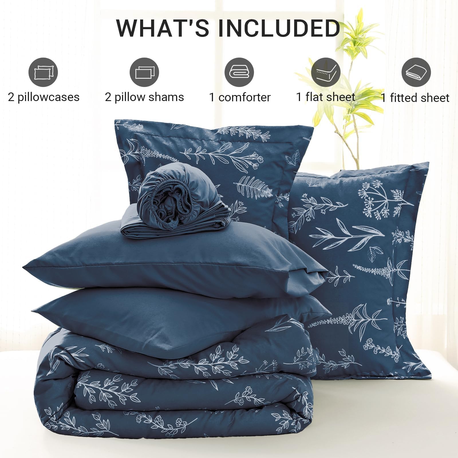 Muxhomo Navy Blue Bed In A Bag Queen 7 Pieces, Queen Comforter Set Reversible Botanical Flowers Design, Ultra Soft & Breathable