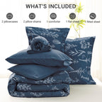 Muxhomo Navy Blue Full Comforter Set, Elegant Floral Print Bed In A Bag 7 Pieces, Ultra Soft & Breathable Reversible Botanical P