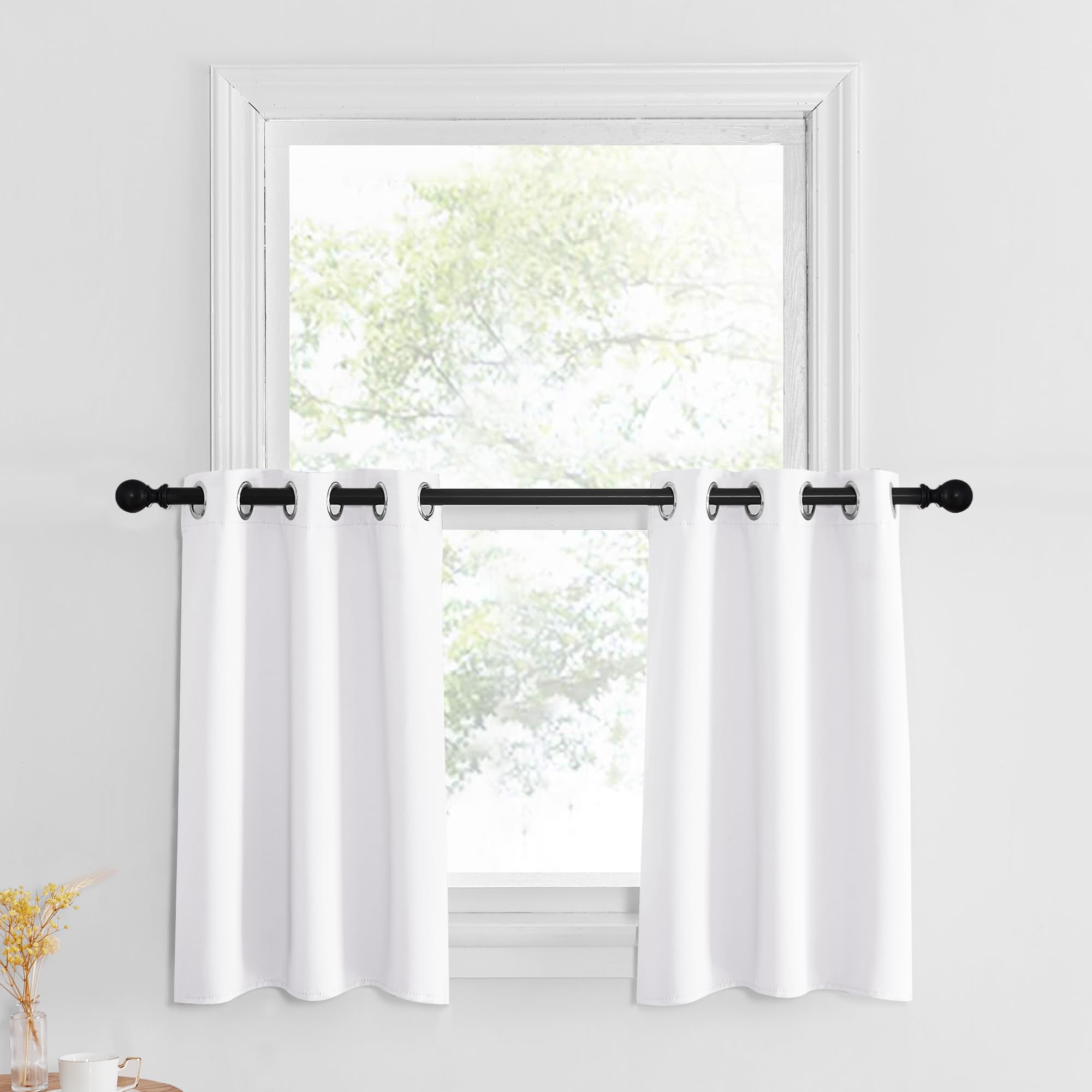 Nicetown Kitchen Curtains 30 Inch Length Heat Blocking Blackout Thermal Insulated Grommet Tier Curtains For Small Window Bathroom Basement, Short Rv Curtains For Camper, Set 2 Panels, Pure White