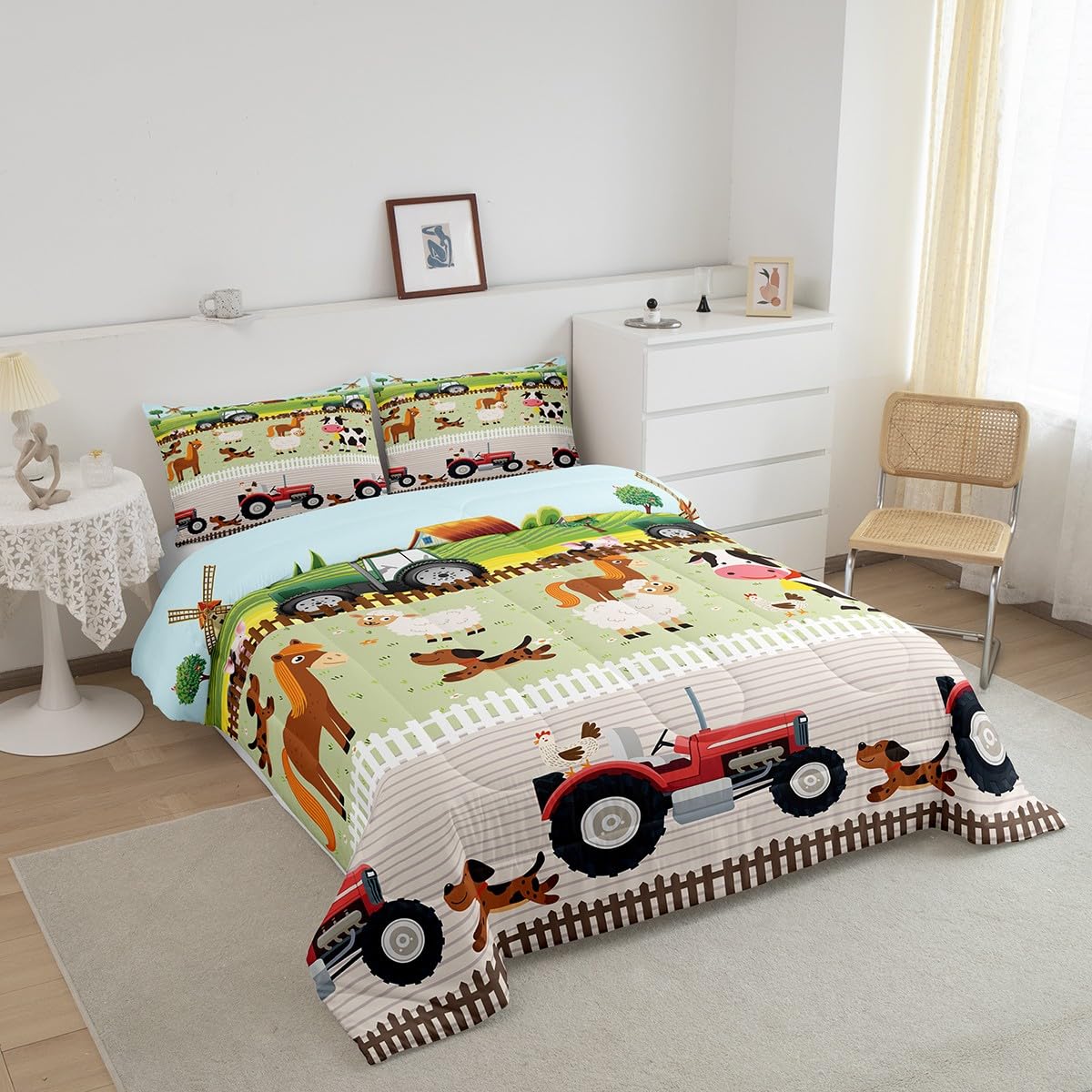 Tractor Bedding Sets For Boys Twin Size Toddler Kids Cute Cartoon Farm Animals Comforter Set Girls Children Farmhouse Country Down Comforter For All Season Colorful Room Decor Nature Theme Duvet Set