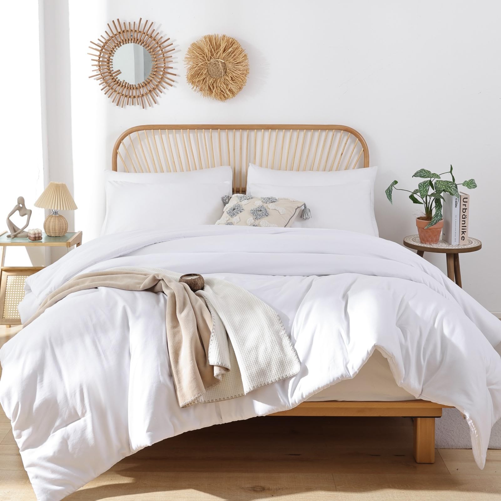 Rosgonia King Size Comforter Set White, 3Pcs(1 Boho White Comforter King & 2 Pillowcases) All Season Bedding Lightweight Hotel B