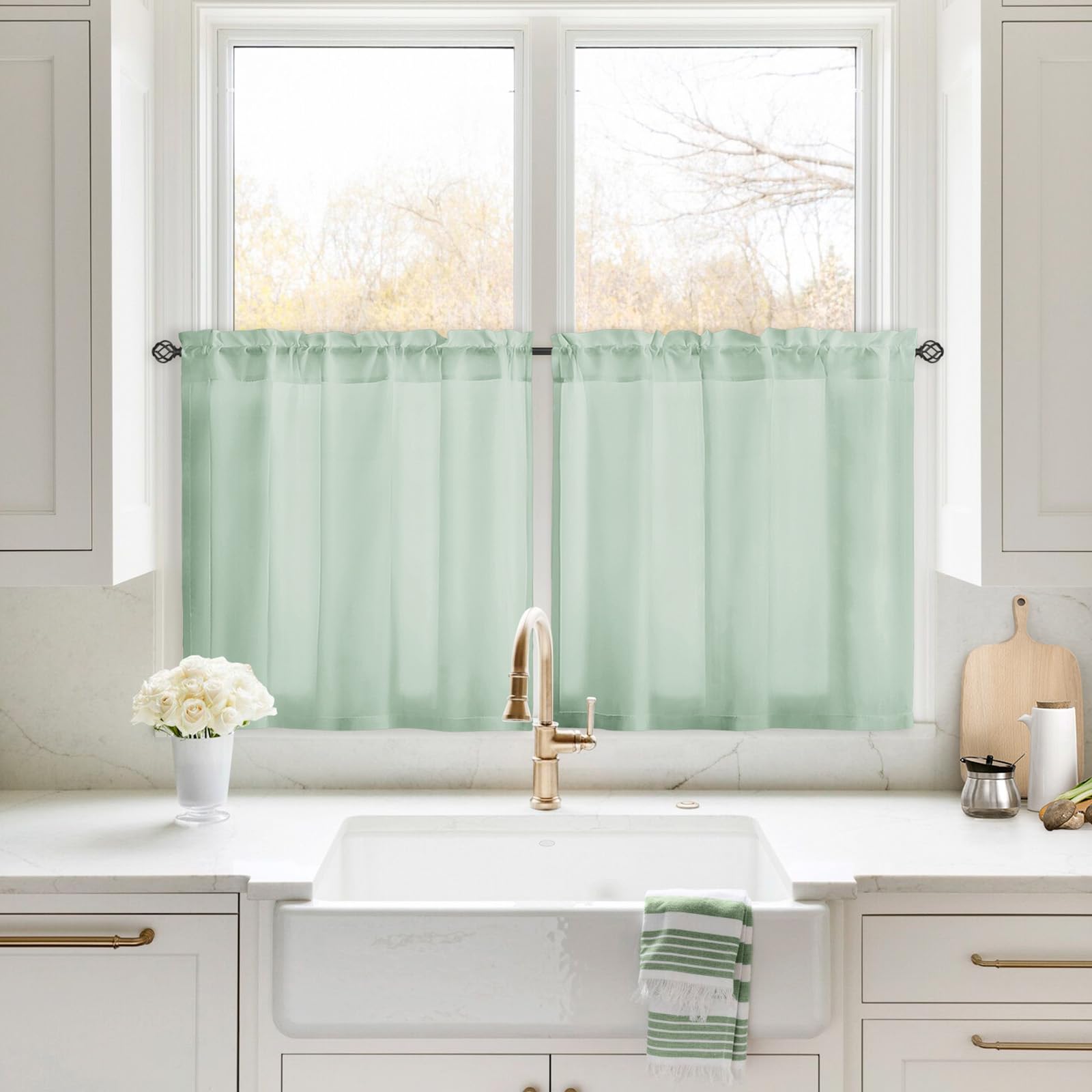 Homeideas Non-See-Through Sage Green Privacy Sheer Curtains 30 X 24 Inches Long 2 Panels Sheer Curtains Light Filtering Window Curtains Drapes For Bedroom Living Room