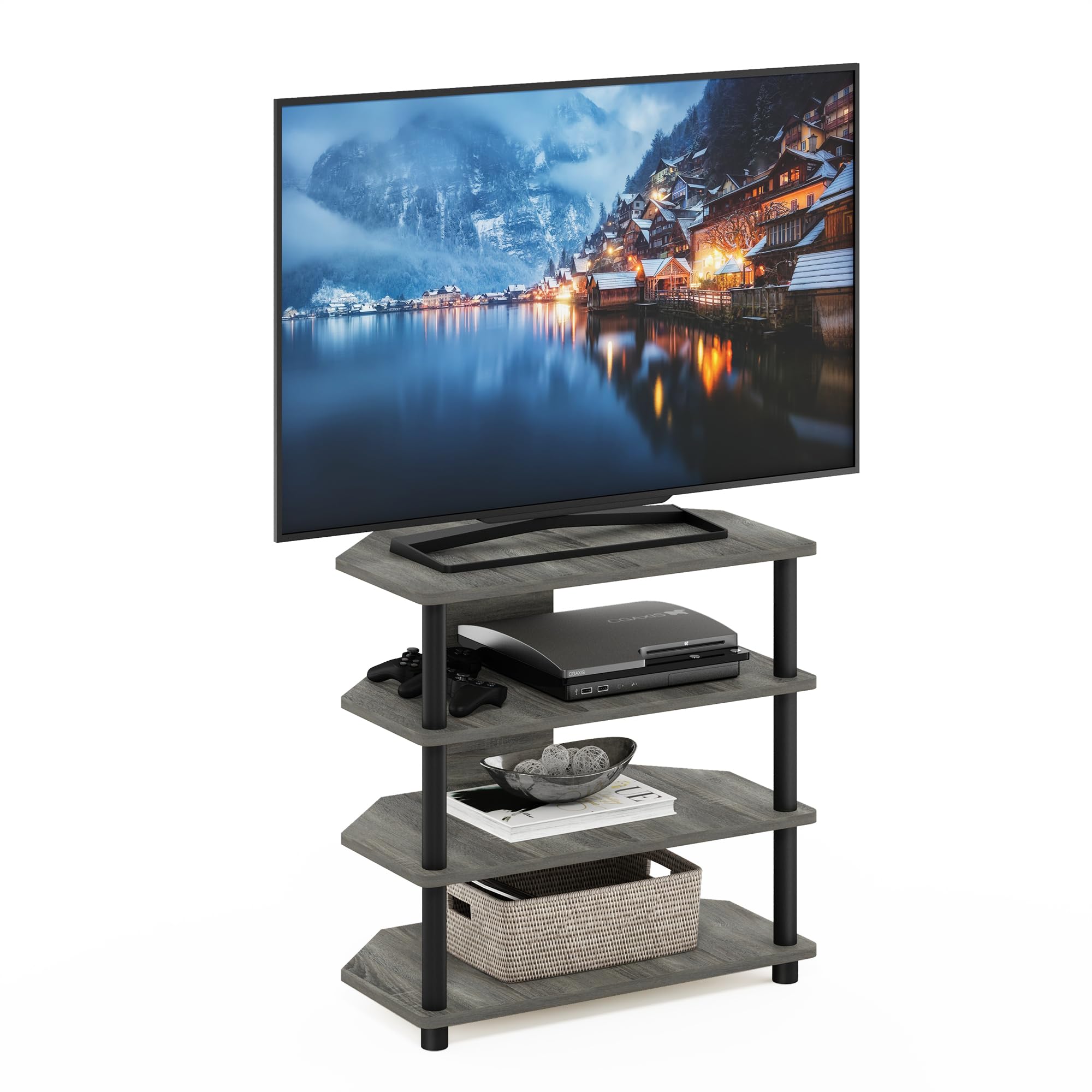 Furinno Turn-N-Tube Easy Assembly 4-Tier Petite Entertainment Center / TV Stand / TV Unit / TV Desk, French Oak Grey/Black