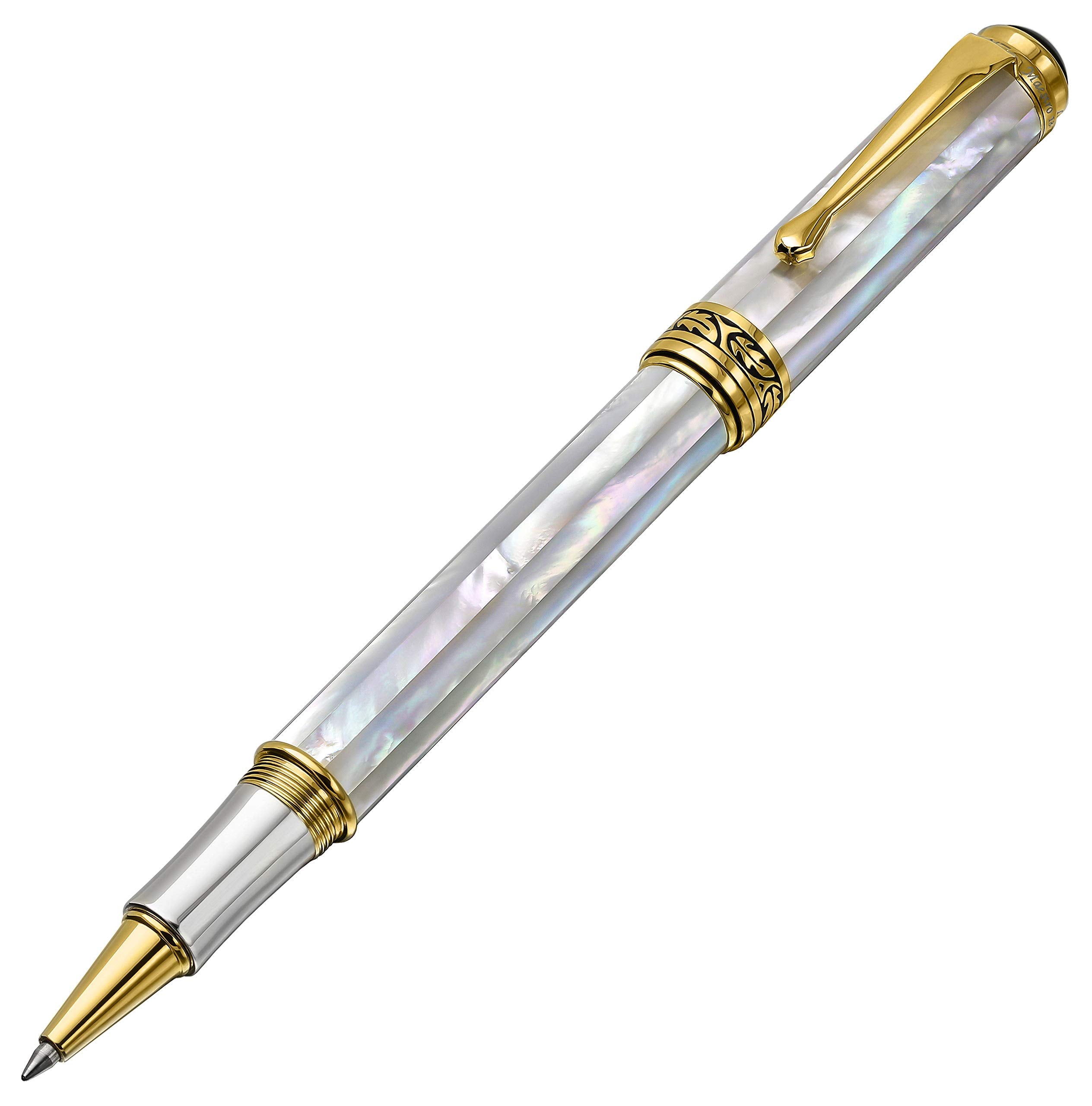 Xezo Maestro Executive Rollerball Pen, Fine Point. Oceanic White Mother Of Pearl With 18K Gold, Platinum Plating. Handmade Gift,