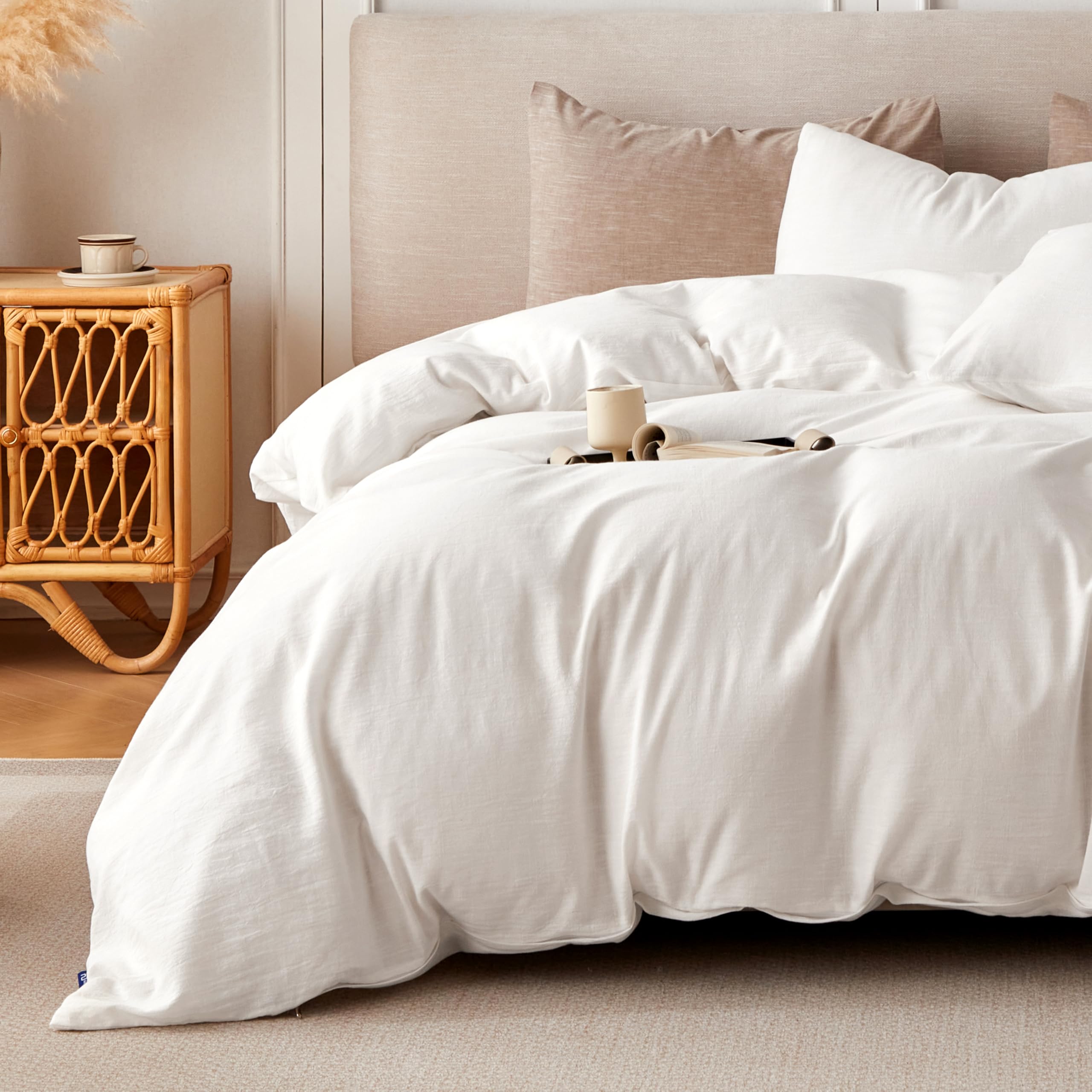Bfs Home Stonewashed Cotton/Linen King Duvet Cover, 3-Piece Comforter Cover Set, Breathable And Skin-Friendly Bedding Set (Off-W