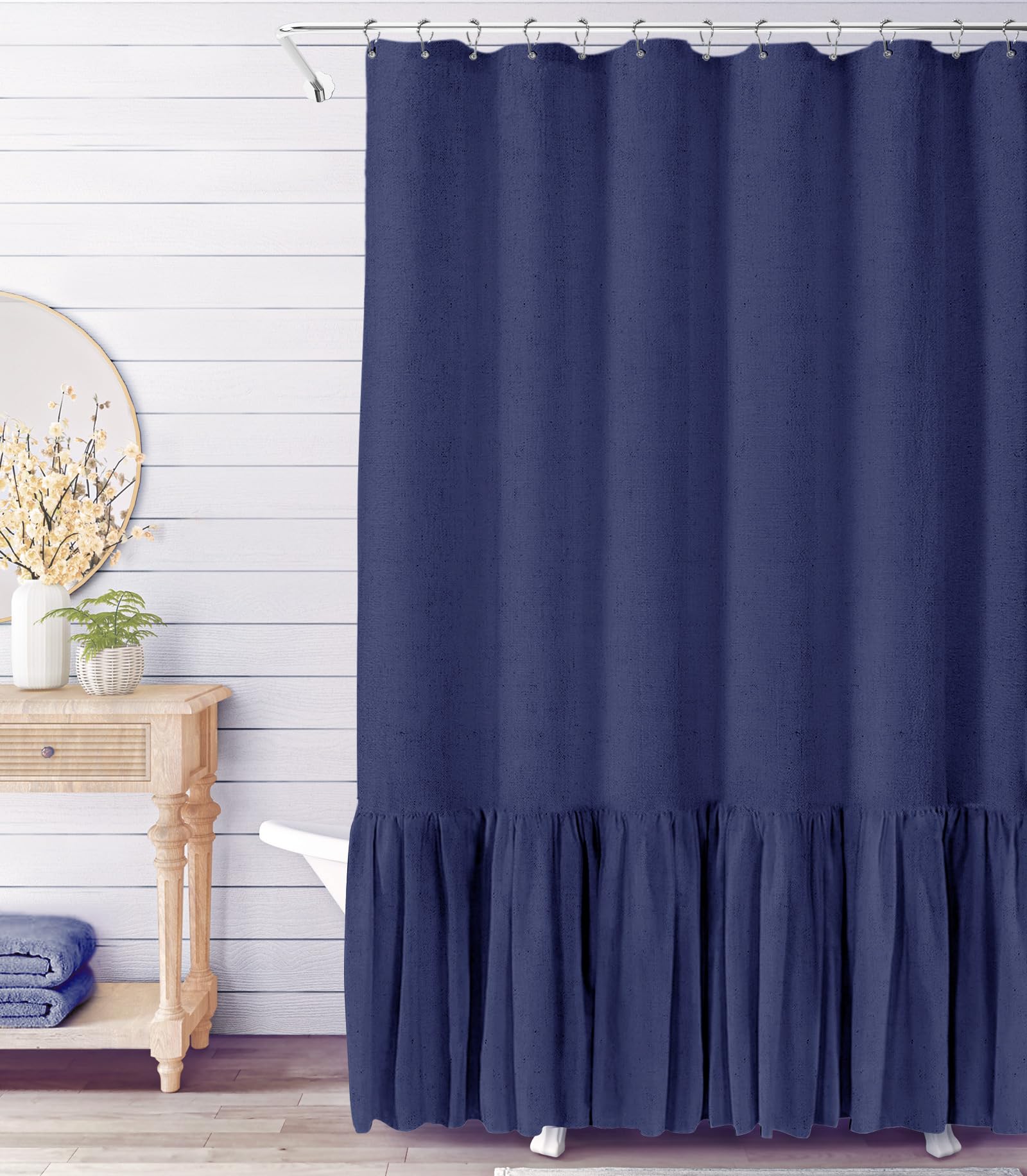 Awellife Farmhouse Shower Curtain With A Ruffle Hem Linen Blend Shower Curtain For Bathroom,72'X72', Navy Blue