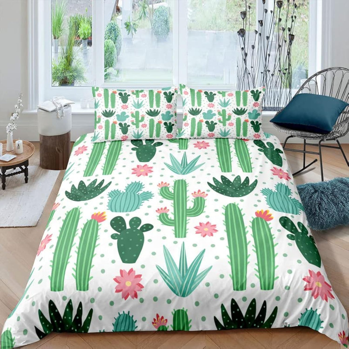 Jingzhang Cactus Duvet Cover Set 3Pcs 3D Printed Green Cactus Bedding Set With Zipper Cartoon Cute Cactus Quilt Cover With 2 Pil