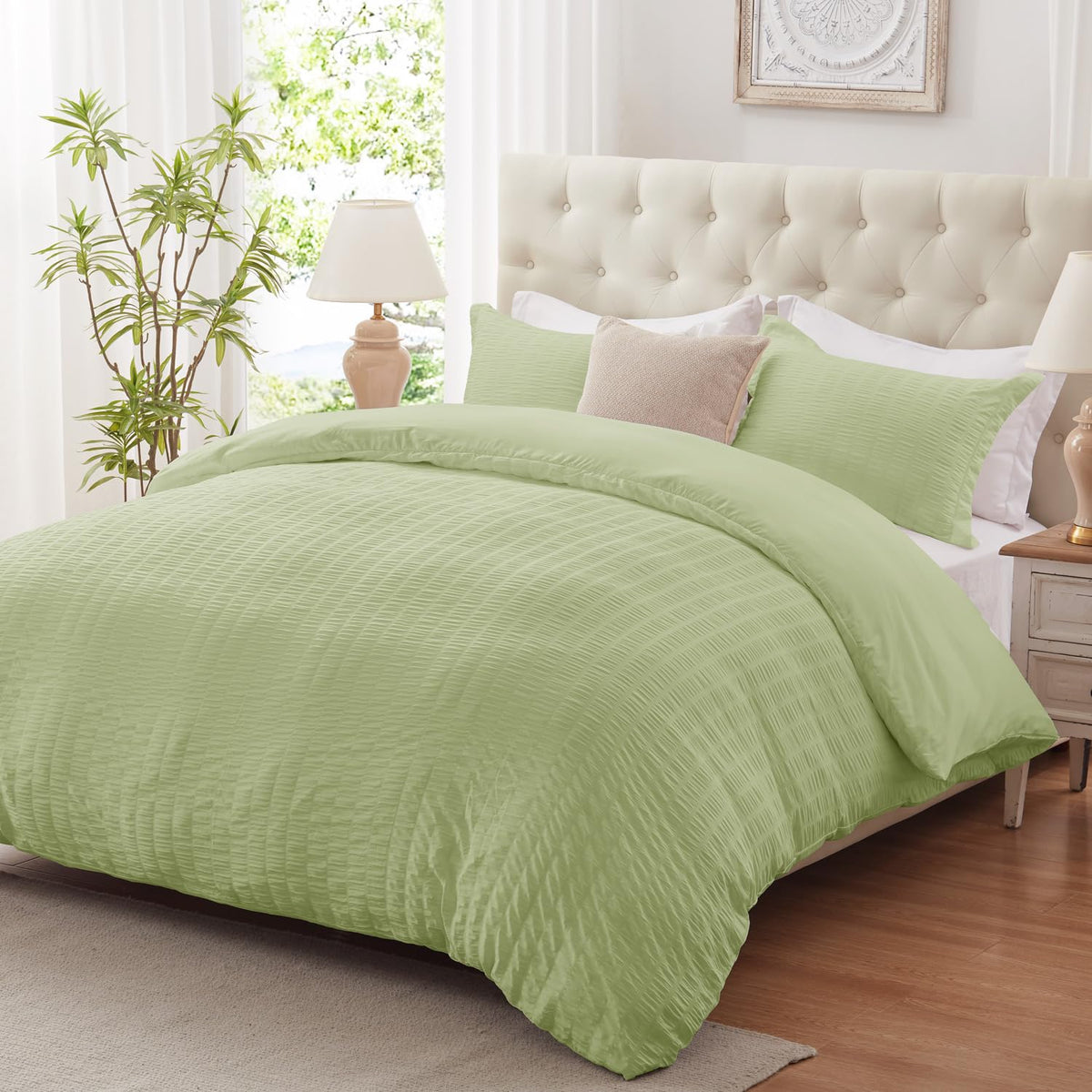 Cozyide Green Duvet Cover Full Size, 3 Pieces Bedding Duvet Covers, Soft Breathable Seersucker Duvet Cover Set With Zipper Closu