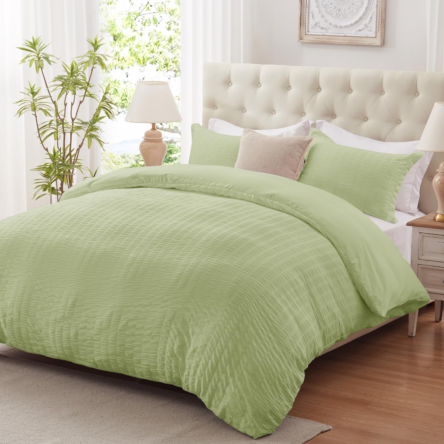 Cozyide Green Duvet Cover Full Size, 3 Pieces Bedding Duvet Covers, Soft Breathable Seersucker Duvet Cover Set With Zipper Closu