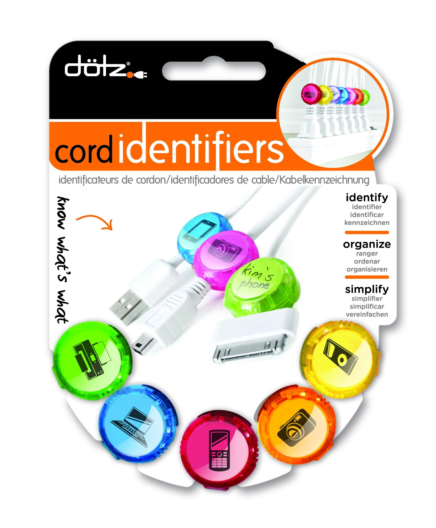 Dotz Cord Identifiers, Cord And Cable Management For Home And Office, 5 Count, Bright Colors (Dci101Co-Cb)