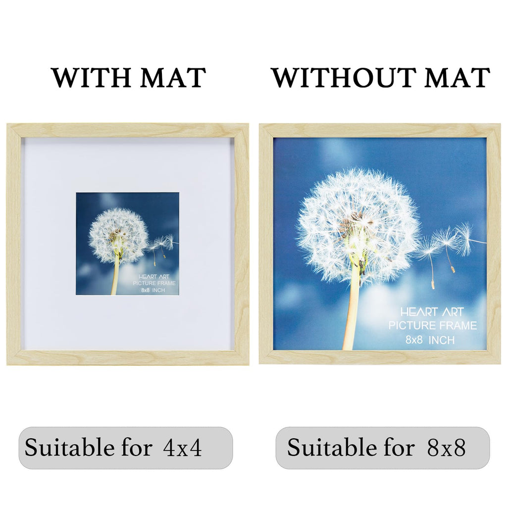 Heart Art 8X8 Natural Wood Picture Frame Set Of 9,Display Pictures 4X4 With Mat Or 8 X 8 Without Mat,Multi Collage Gallery Squar