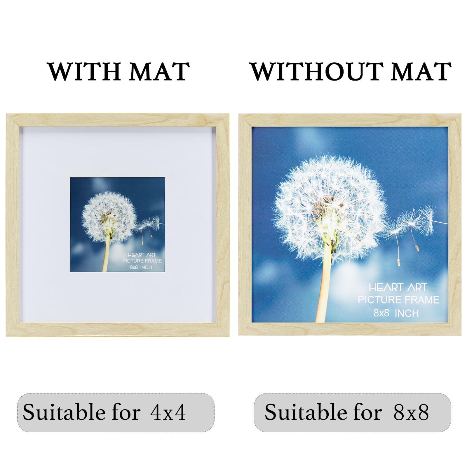 Heart Art 8X8 Natural Wood Picture Frame Set Of 9,Display Pictures 4X4 With Mat Or 8 X 8 Without Mat,Multi Collage Gallery Squar