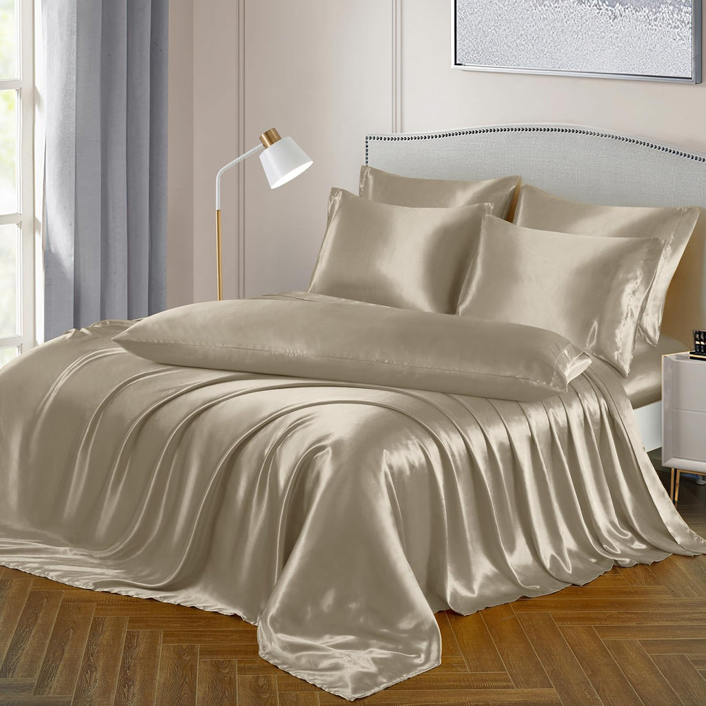 Ersmak 7 Pieces Satin Sheets Set Queen Size, Luxury Silky Sand Satin Bed Sheets Set With 1 Deep Pocket Fitted Sheet, 1 Soft Flat