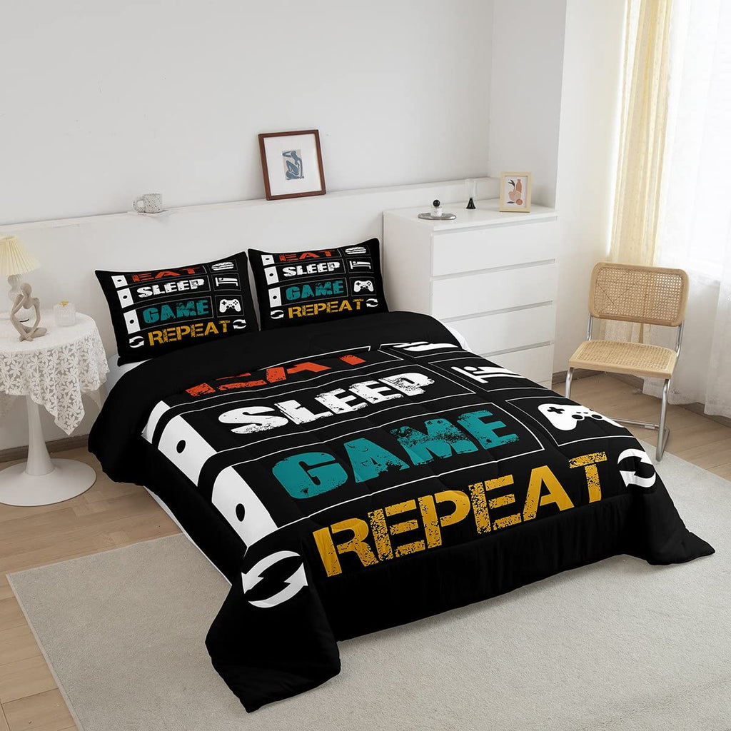 Boys Gaming Comforter Sets For Kids Twin Size Gamer Bedding Set Teens Video Games Comforter Duvet Room Decor Funny Creative Eat Sleep Game Repeat Design Reversible Inner Fill Quilt Set All Season