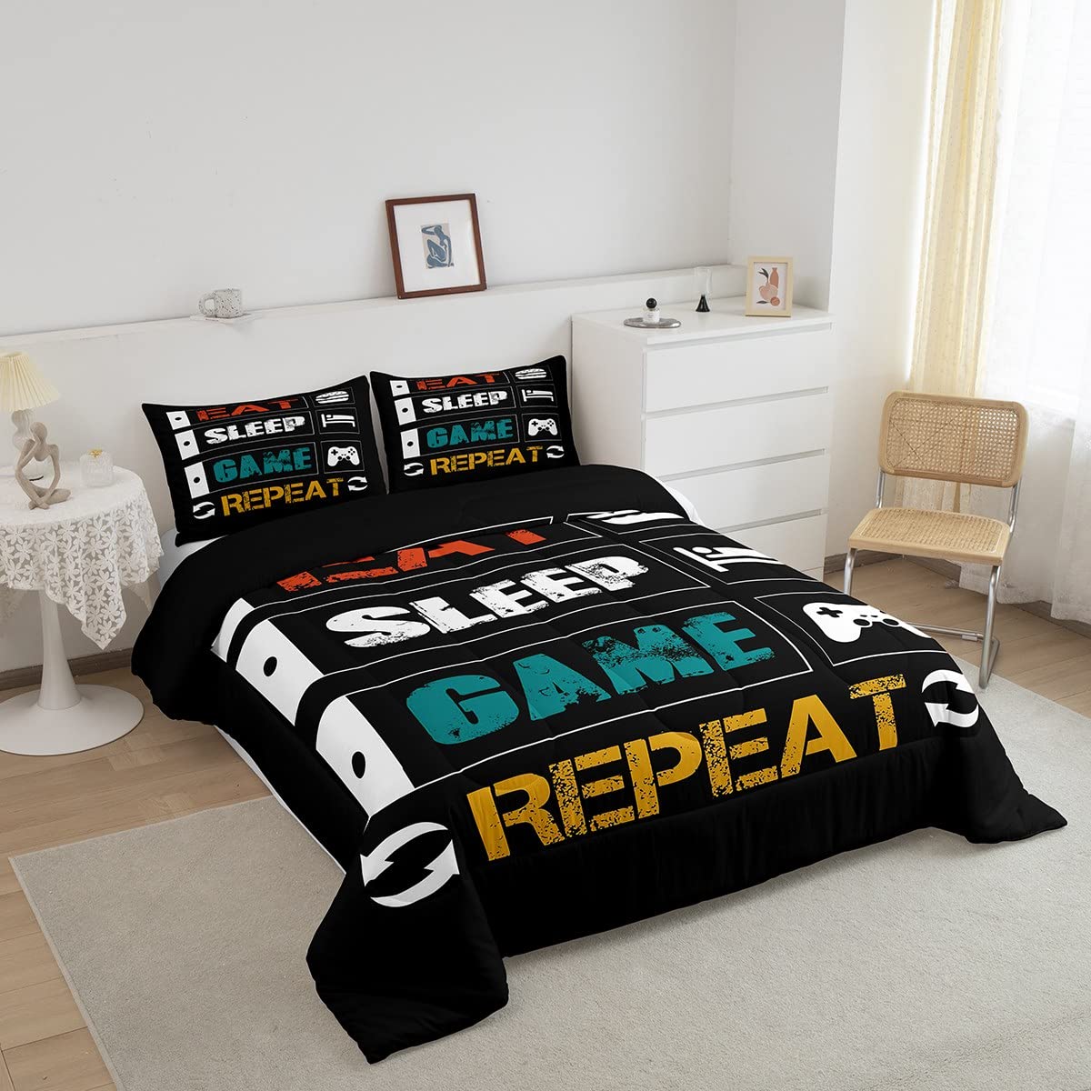 Gamer Comforter Set Full Gaming Bedding Set For Boys Teens Girls Kids Video Games Controller Comforter Funny Creative Eat Sleep Game Repeat Design Reversible Down Comforter For All Season Room Decor