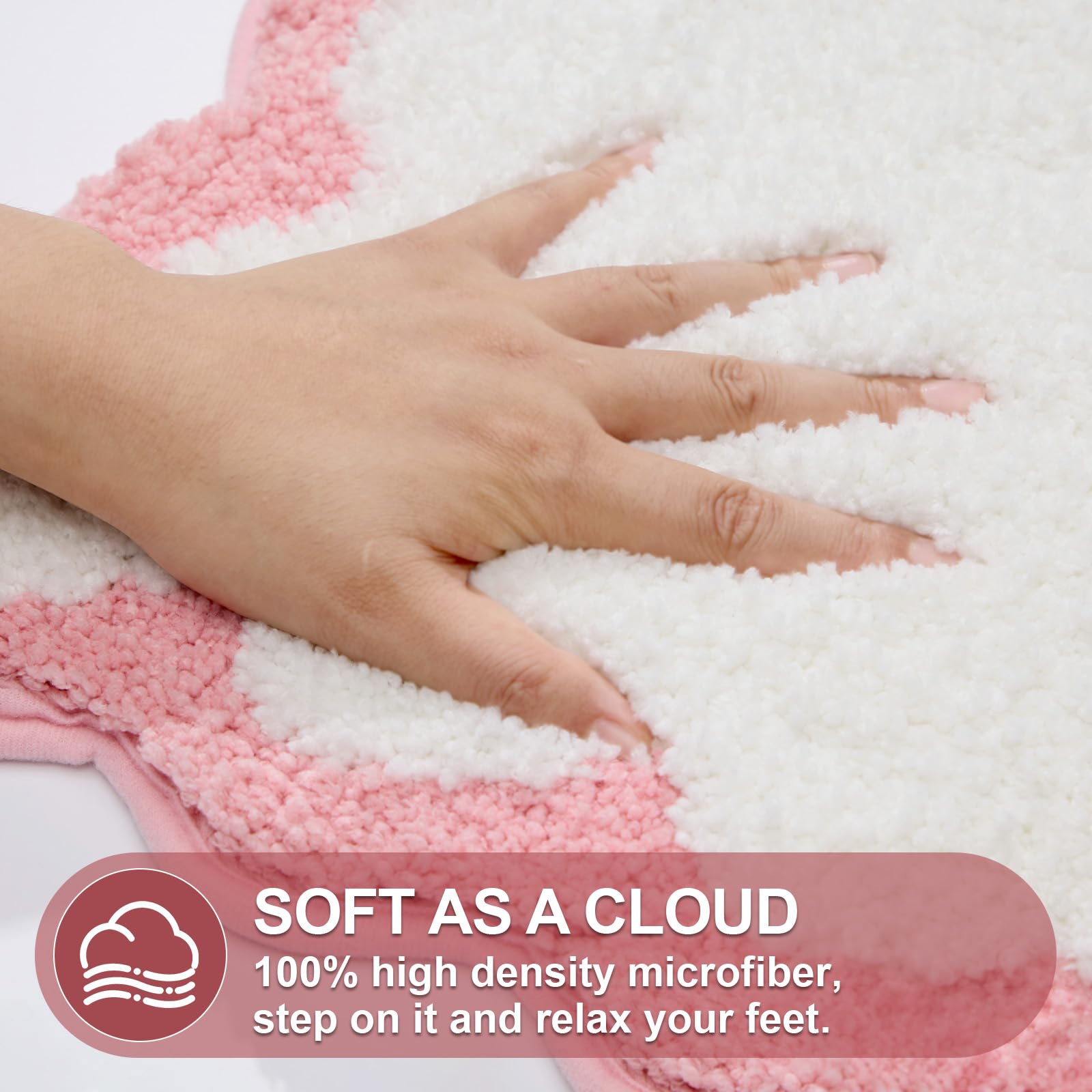 Ortigia Cute Scalloped Bathroom Rugs Non Slip Washable, Quick Dry Absorbent Plush Microfiber Bath Mats, Fun White And Pink Bathm