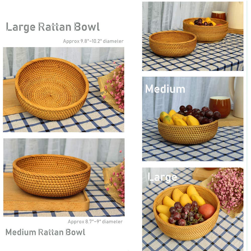 Amololo Hadewoven Round Rattan Fruit Basket Wicker Food Tray Weaving Storage Holder Dinning Room Bowl, 9 Inch Woven Bread Basket