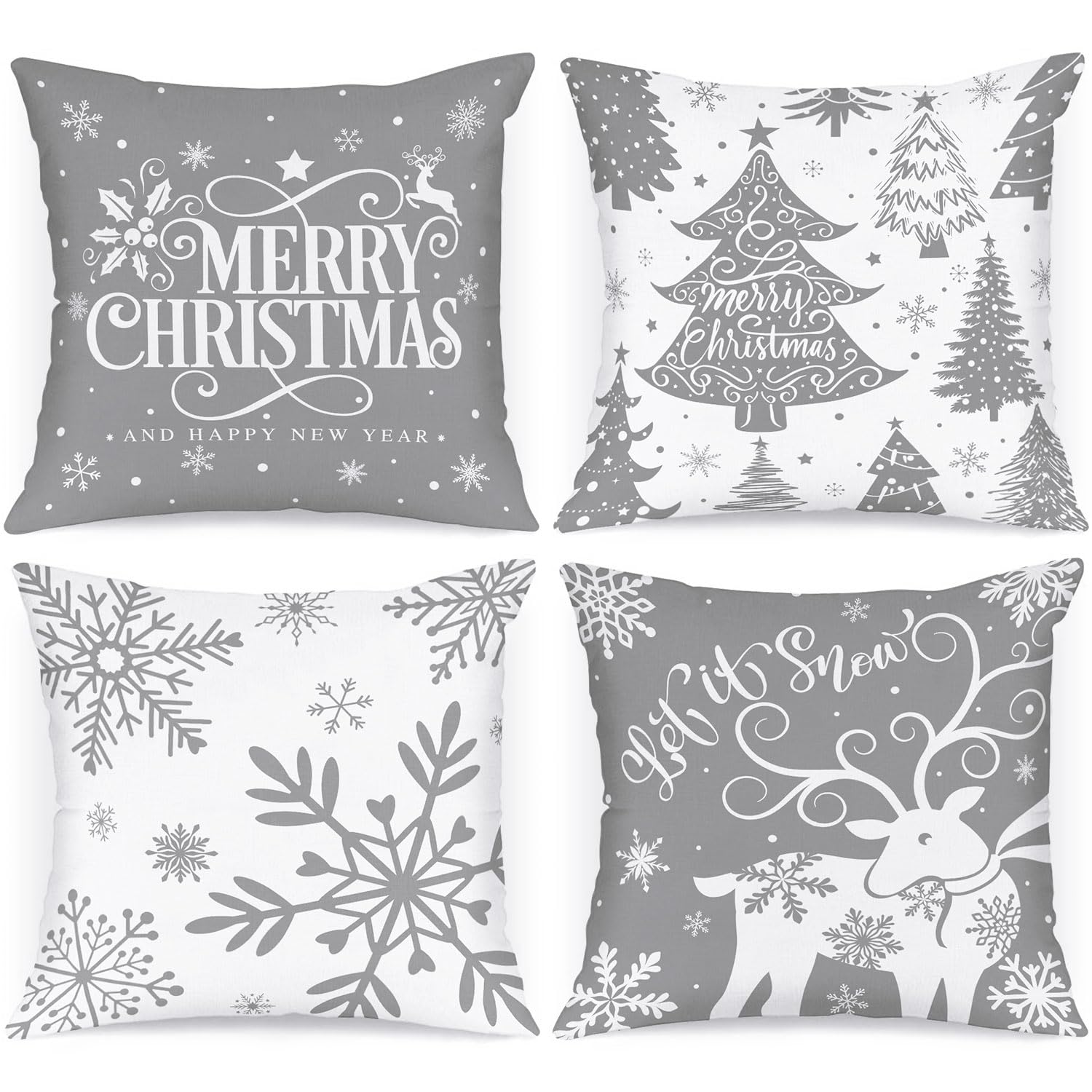 Lanpn White And Grey 18X18 Christmas Pillow Covers Set Of 4, Decorative 18 Inch Gray Winter Snowflake Throw Pillow Case Xmas Cus