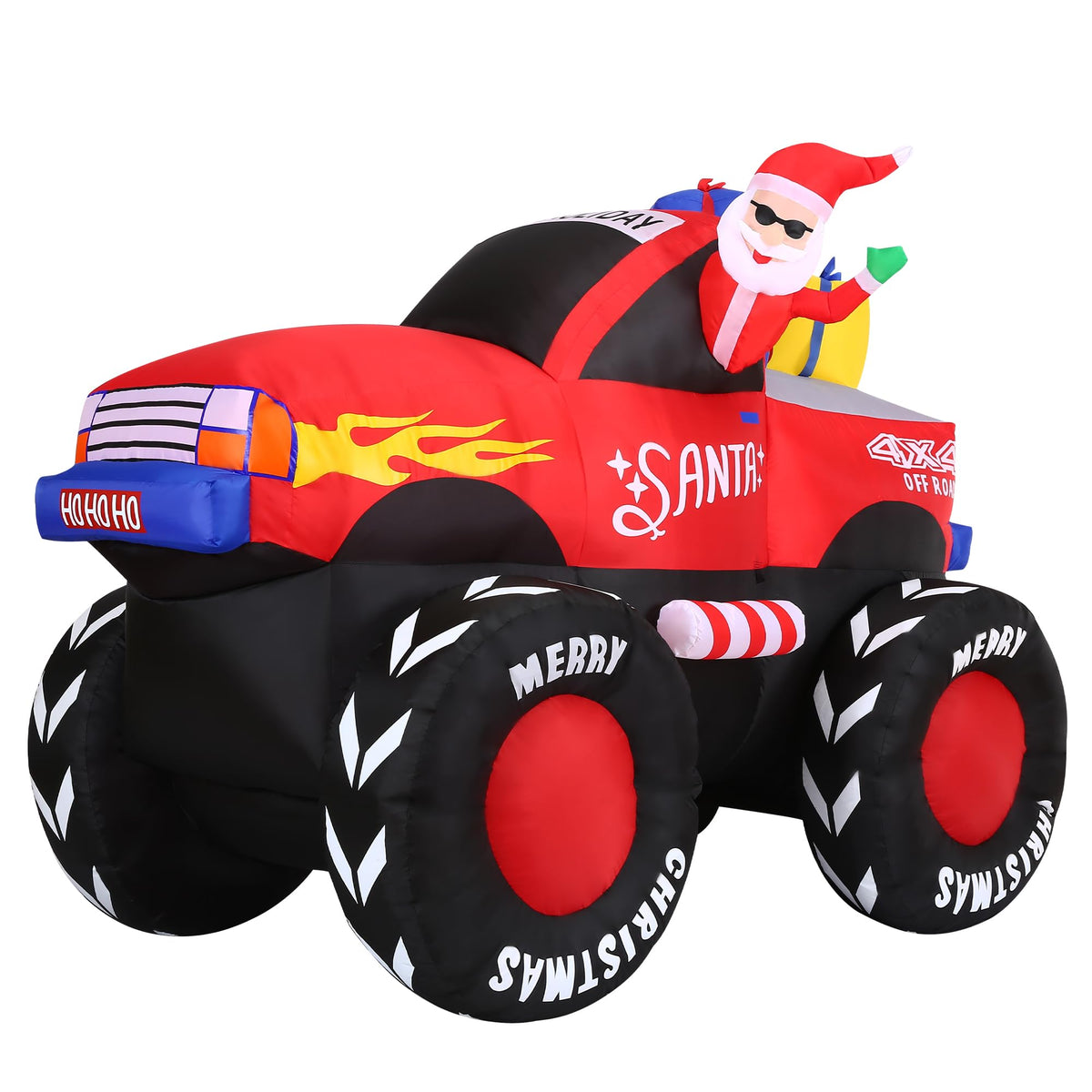 Fraser Hill Farm 7-Ft. Wide Inflatable Christmas Santa Claus In Monster Truck With Led Lights | Festive Holiday Blow-Up Decorations | Blower, Ropes, And Stakes Included | Fhfmnsrtrck071-L, Red