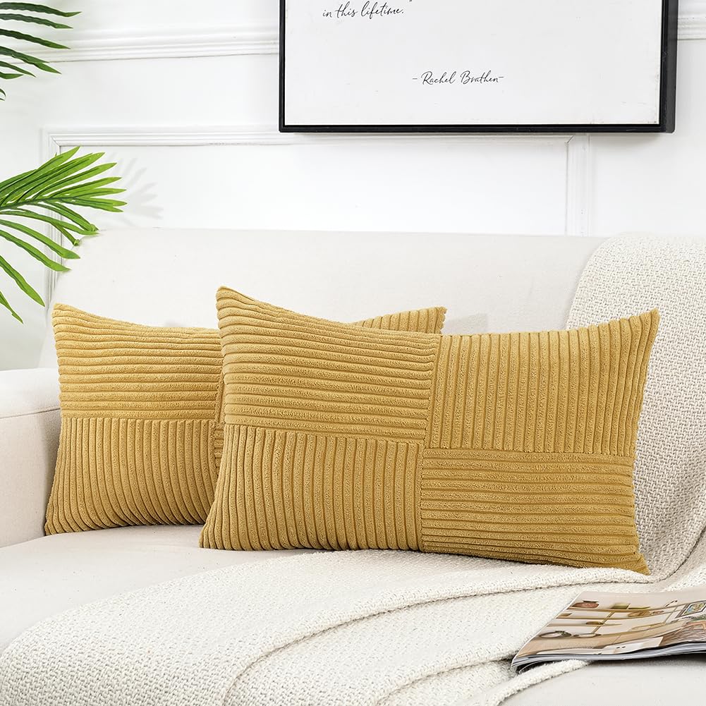 Fancy Homi 2 Packs Mustard Yellow Lumbar Decorative Throw Pillow Covers 12X20 Inch For Living Room Couch Bed, Rustic Farmhouse B
