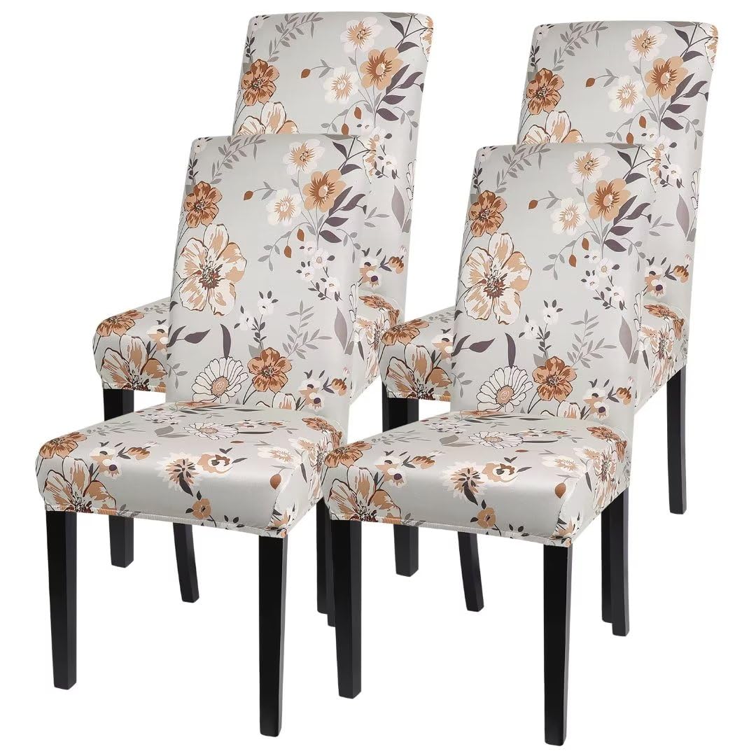 Searchi Printed Dining Room Chair Covers Set Of 4, Stretch Kitchen Chair Covers Washable Parsons Chair Slipcover Removable Dining Chair Protectors For Hotel,Ceremony(Brown Floral)