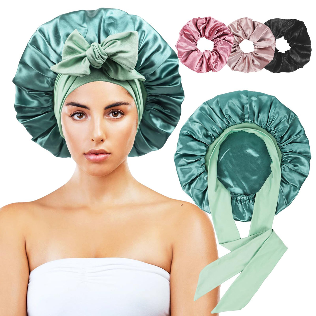 Satin Bonnet for Sleeping Women with 3 Scrunchies,Double Layer Hair Bonnet for Sleeping with Tie Band for Curly Hair Braids Long