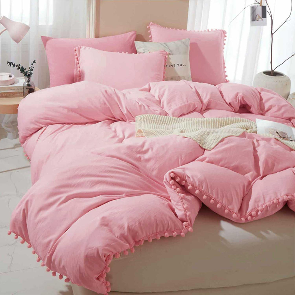 Etdiffe Pink Duvet Cover Queen Size - 3 Piece Boho Bohemian Farmhouse Pom Fringe Microfiber Comforter Cover Set - Soft And Light