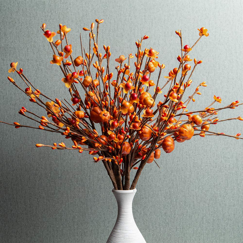 JINGHONG 6 Pack Fall Berry Stems 17'' Tall Orange Pumpkin Picks Fall Branches for Vases Centerpieces Autumn Harvest Festival and