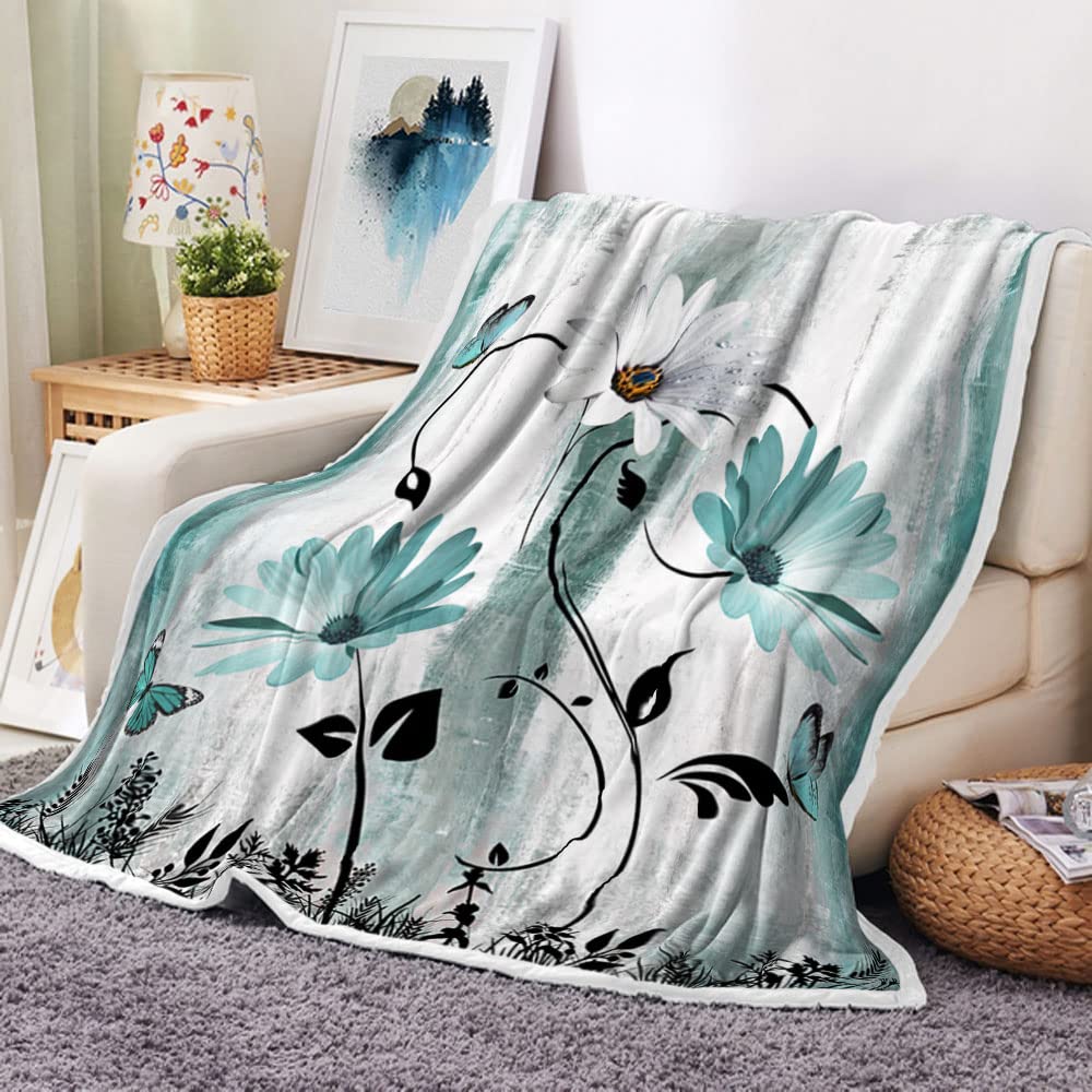 Rustic Farmhouse Throw Blankets, Farm Teal Daisy Floral Flowers Butterfly On Country Wooden Cozy Warm Bed Couch Blanket, Turquoi