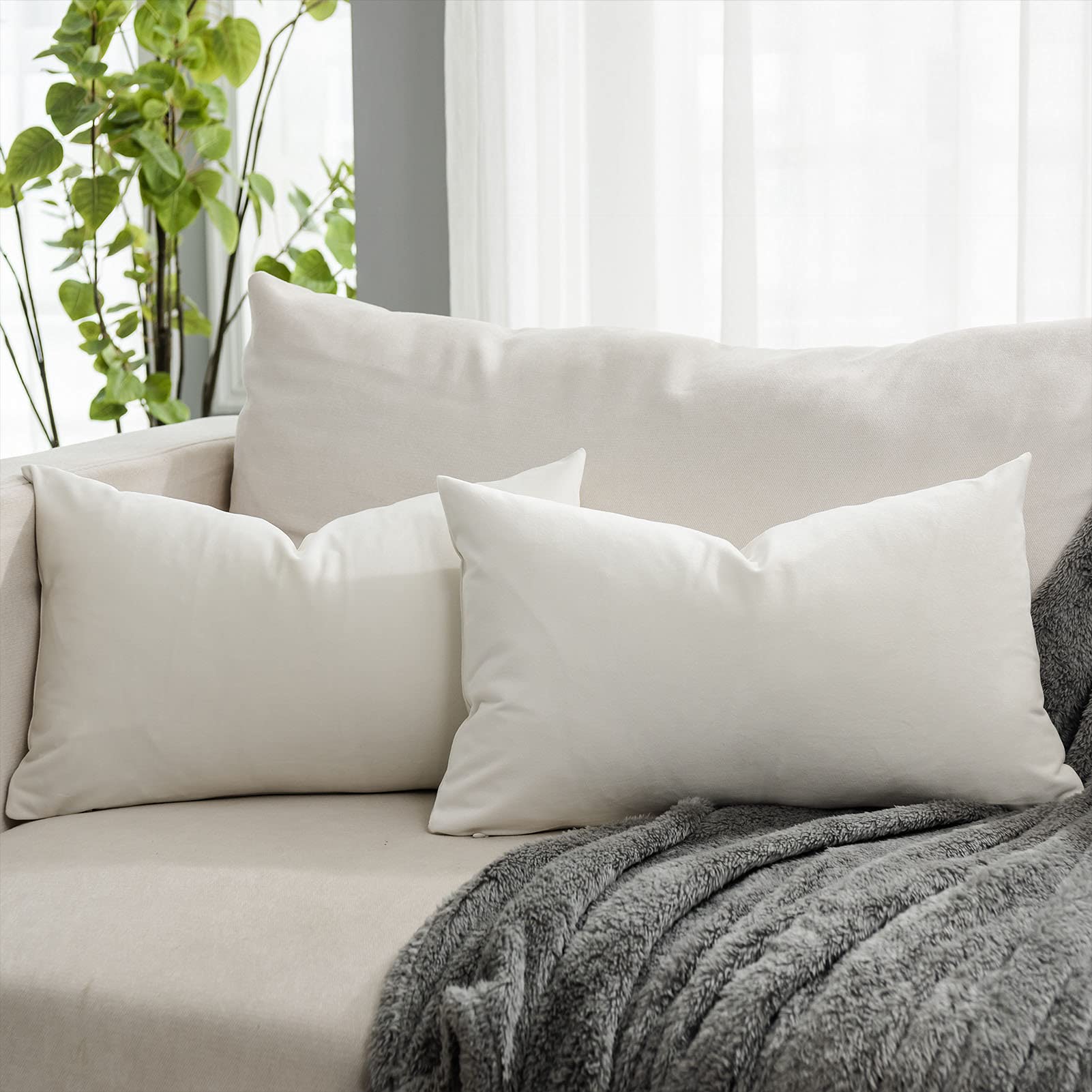 Quafoo Cream White Soft Lumbar Velvet Throw Pillow Covers 16X24 Inch Set Of 2 For Sofa Couch Bed Living Room Decorative Luxury S