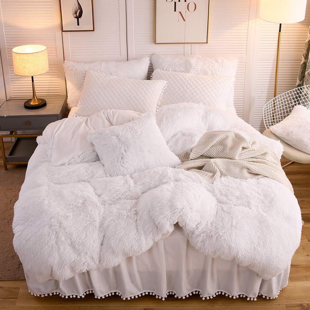 Liferevo Luxury Plush Shaggy Duvet Cover Set, Soft Fluffy Furry Duvet Cover Set(1 Faux Fur Fuzzy Comforter Cover + 1 Pom Poms Ve