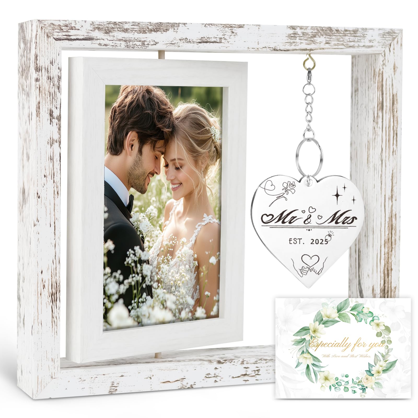 PIKPEOD Wedding Gifts for Couples 2025, Bridal Shower Gifts, Rotating Wedding Picture Frame 4x6, Engagement Gifts for Couples Ne