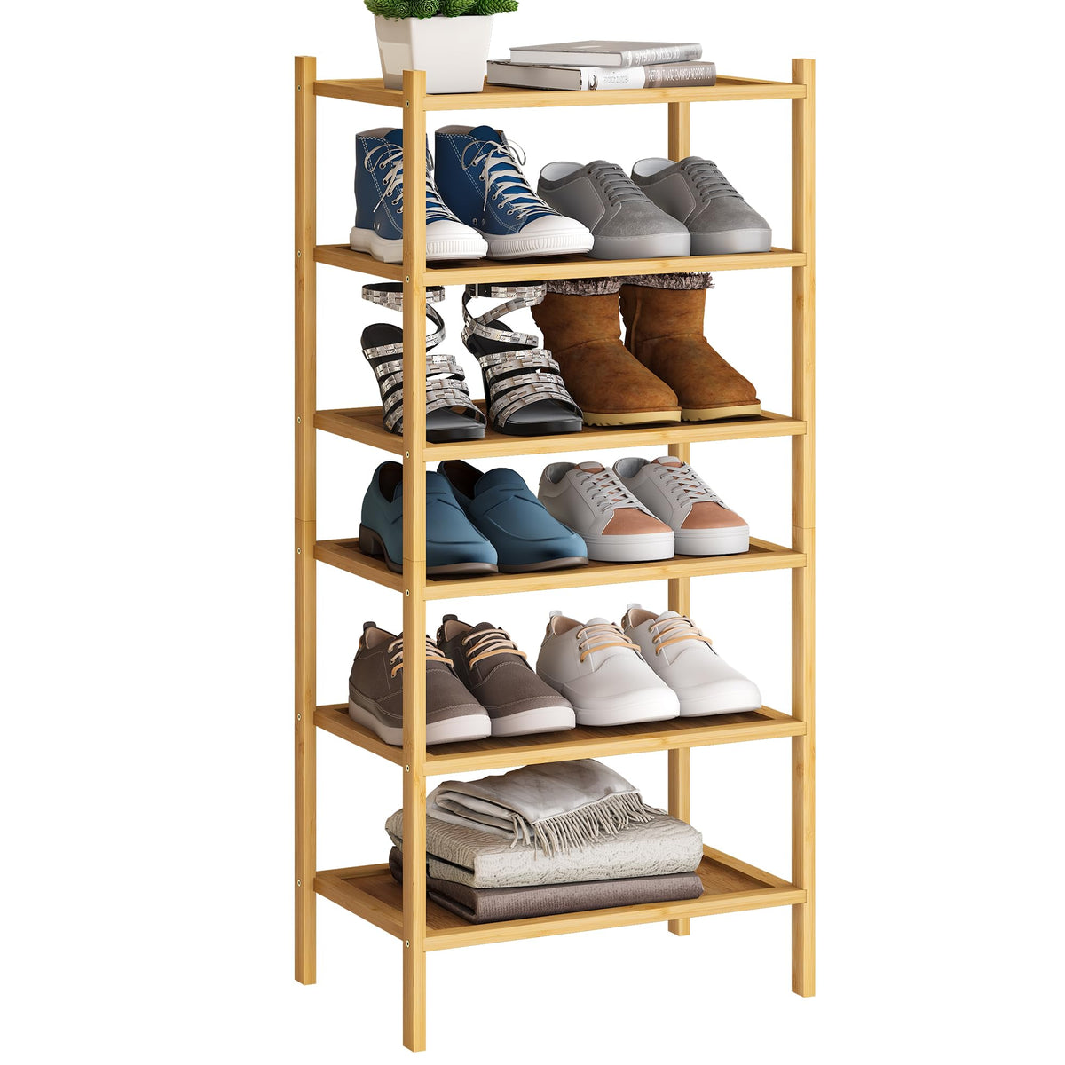 Bmosu 6-Tier Bamboo Small Shoe Rack Premium Stackable Shoe Shelf Storage Organizer For Hallway Closet Living Room Entryway Organizer(Natural)